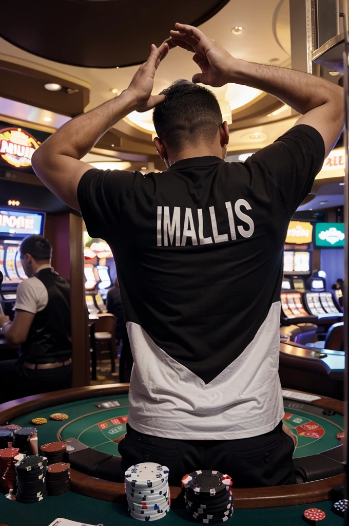 adult man with his back betting in a casino and celebrating with his hands up with a shirt written IGAMING IIMPACT