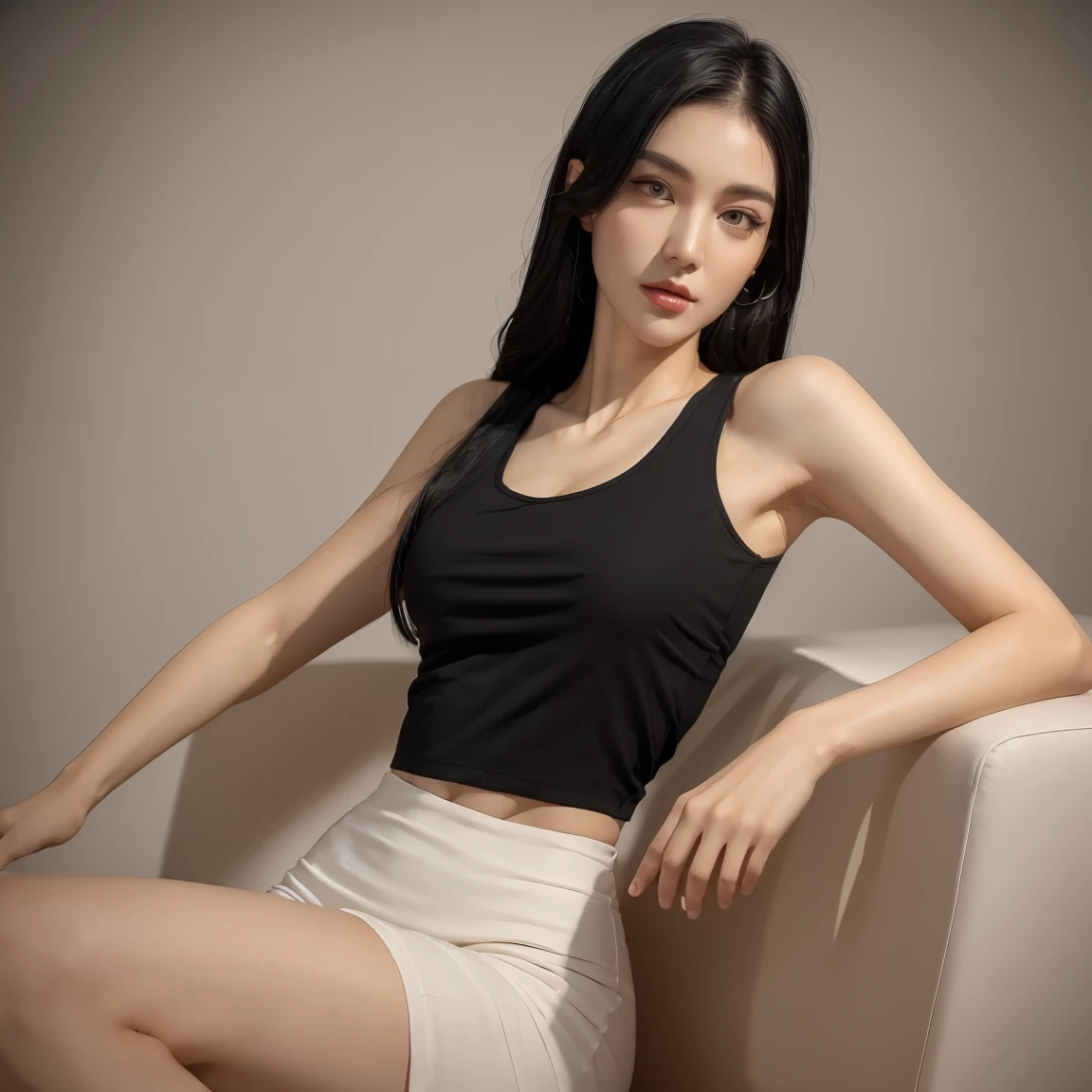(best quality, 8k, photorealistic:1.5),(beautiful Japanese girl),(one person photo:1.3),(solo),(one girl:1.5),(1 photo),(Front view photo),(shiny skin),(light brown hair color),(long hair),(Bend legs and open thighs),(sitting on the sofa),(big beady eyes),(droopy eyes),(impressive eyes),(cute girl),(stretch back),(open legs firmly),(healthy body),(pinup model photography),(pinup girl photography),(smile:1.3),(Navel is visible),(white open collar polo shirt),(sleeveless polo shirt),(Super tight pants),(first girlfriend),(friendly),(girlfriend's room)