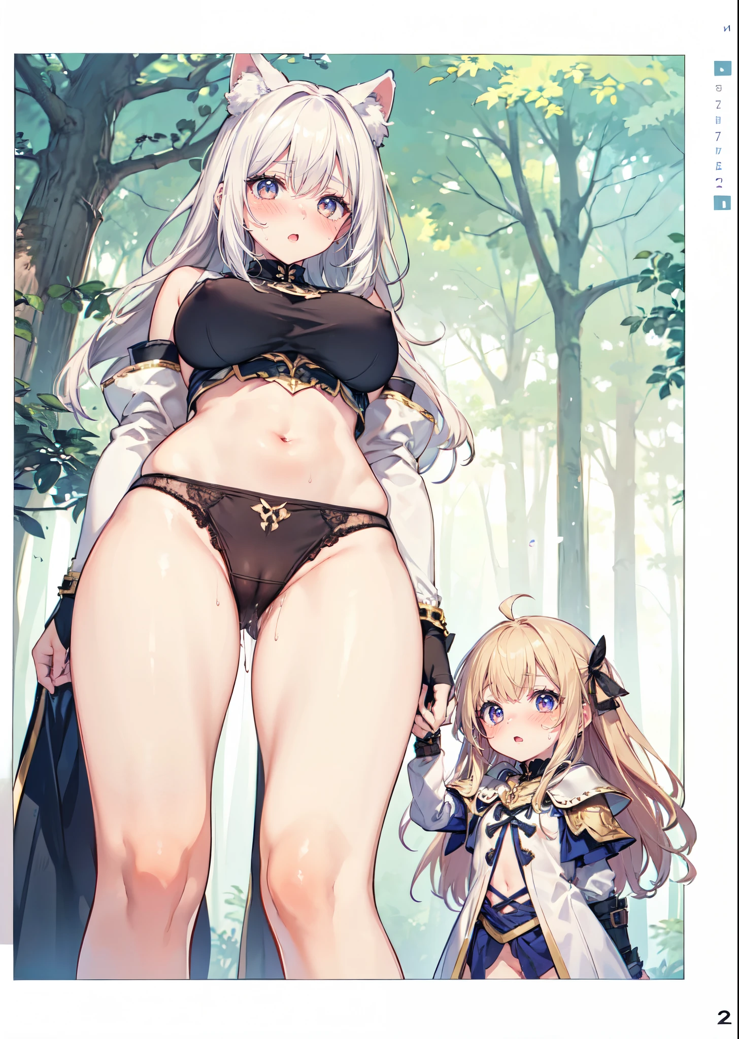 hugging, she is hugging her leg, fantasy forest, (fantasy:1.2), (forest background: 1.3), (yuri:1.5), looking at another, (2girls:1.7), (giantess:1.2), (height_difference:1.5), (size_difference:1.3), (giantess:1.1), forest background, nature environment, she is much taller than her, a giantess next to a girl, a giantess looking down at a girl, a giantess, (tall woman:1.4), (adult woman: 1.2), large breasts, navel, panties, happy, (rear_end:1.2), (very tall: 1.1), armor, gambeson, shoulderplates, from below, girl next to a giantess, woman, tiny breasts, armor, gambeson, shoulderplates, naked, long hair, embarrassed, scared, poor clothing, dirty clothing, (long_hair:1.3), big breasts, cameltoe, pussy juice, , nipples, sweaty, village background, bare skin, underboob, catgirl,