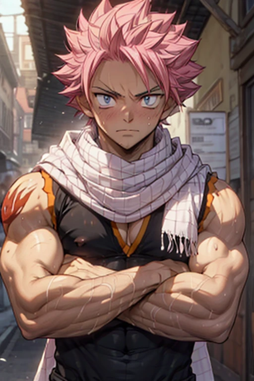 1boy, 20 year old, Natsu Dragneel sweating heavily wearing a black sleeveless jacket  wearing white scarf , reclining down looking at the viewer. Big muscular proportionate arms and strong chest and abs. Pink hair and detailed eyes. front view, wearing ((white scarf)). big pecs and strong washboard abs, (folded arms:1.1)