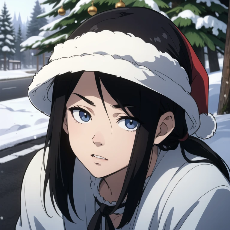 Chiaroscuro. His eyes conveyed deep affection and devotion. (Sketch) (Manga style) Christmas, a young boy with a long mullet haircut, big lips, and slanted eyes, wearing a hat. Winter season, snow and pine trees on the streets