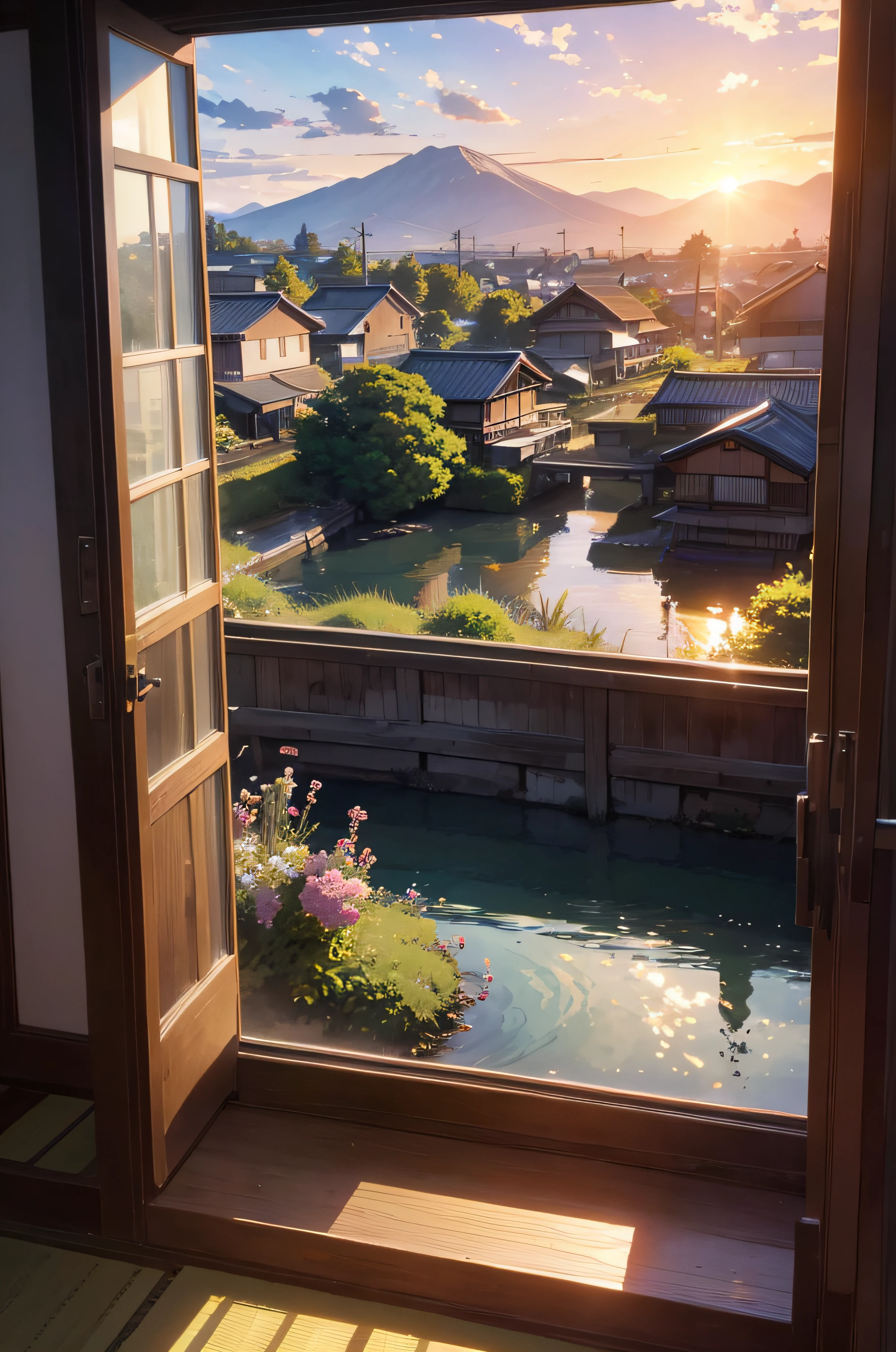 anime painting of a view out of the window of a river in the middle of a little rural japanese city, top view, mountains on the background, sunset time, golden hour light, makoto shinkai style, dream scenery art, some flowers on the windowsill, the main subject of the image must be the scenery, no human.