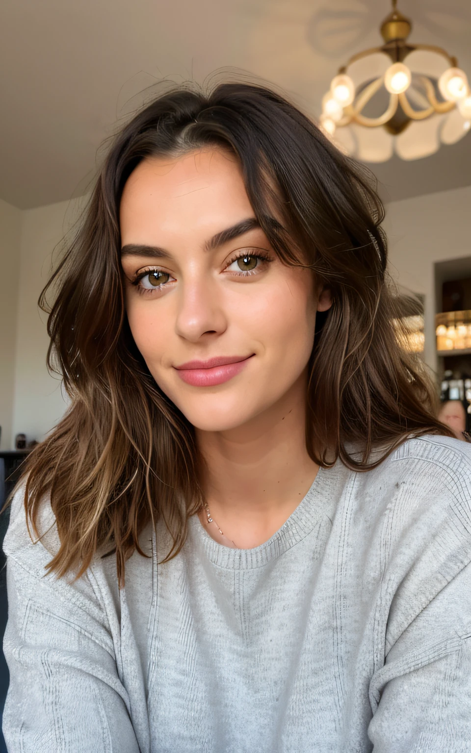 Beautiful brunette with blonde highlights in a beige sweater (in einem Café, das Limonade trinkt), sehr detailliert, 22 Jahre, Unschuldiges Gesicht, Natural wavy hair, blaue Augen, sommersprossen, high resolution, Meisterwerk, best quality, Komplizierte hohe Detailgenauigkeit, sehr detailliert, Scharfer Fokus, Detaillierter Skin, Realistische Hautstruktur, Textur, Detaillierte Augen, Professionell, 4K, charming smile, gefilmt auf Canon, 85 mm, light depth of field, Kodak Vision Farbe, Perfectly fitting body, Extrem detailliert, Foto_\(Ultra\), fotoreallistisch, Realistisch, Nachbearbeitung, Maximale Details, Rauhigkeit, wirkliches Leben, Ultra-realistisch, Fotorealismus, Fotografie, 8K UHD, Fotografie