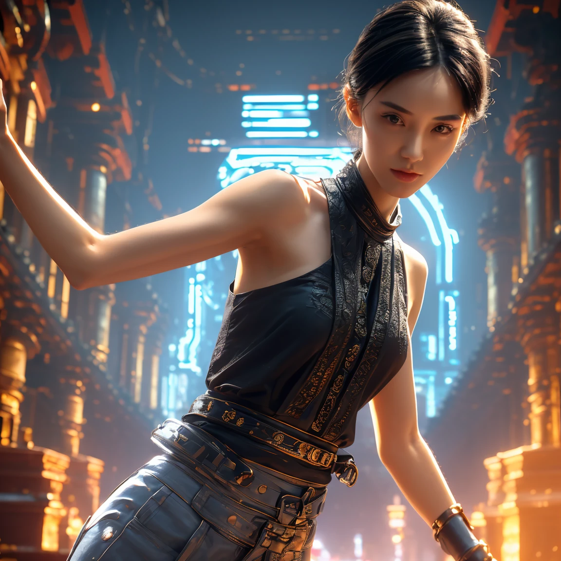 ((Best Quality, 8k, Masterpiece: 1.3)), Full Body, Focus Clear: 1.2, Outstanding Style: 1.4, Slender Abs: 1.2, ((Black Hair, Big: 1.2)), Black Tank Top, Highly Detailed Face and Skin Texture, Detailed Eyes, Double Eyelids, only two hands