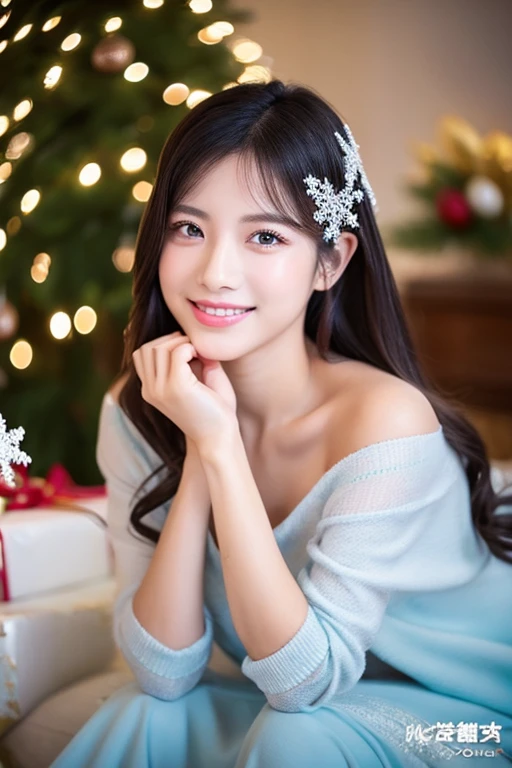 Beautiful woman with good eyes and nose、Beautiful as a model、Cute like a model、Eyes are double、How to use regular mascara、Eye color blue、Hair color pink、Her face is delicate and elegant.、imagem 4k、Beautiful style like a model、Ordinary large、A refreshing and lovely smile、A young woman is wearing a Santa costume while decorating a Christmas tree with illuminations in a bright room on Christmas day.、Pose like a model、Overall portrait、Snapshots、Glamorous、Bright smile、Beautiful and delicate face like a model、Best Quality、masuter piece、