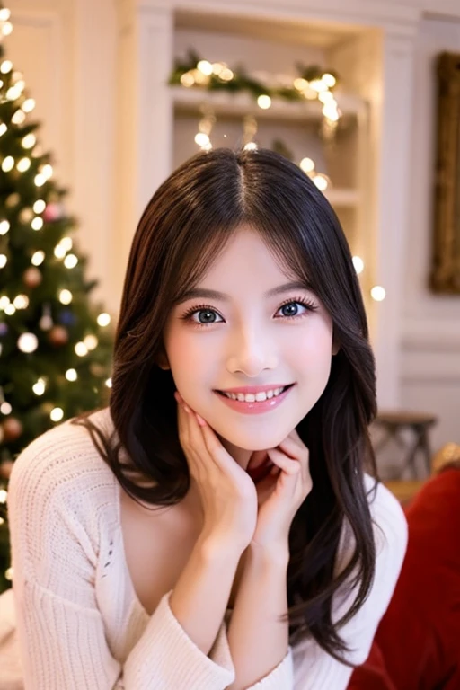 The face is a hostess、bra very、pantiy、hiquality、A hyper-realistic、healthy、Smiling expression、Slender perfect figure、Japan beauties、beautidful eyes、face perfect、Beautiful skin、Christmas tree