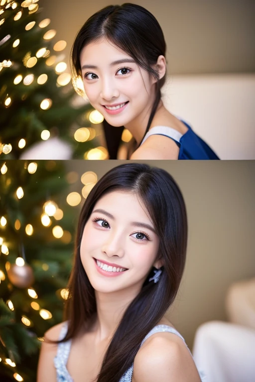 Beautiful woman with good eyes and nose、Beautiful as a model、Cute like a model、Eyes are double、How to use regular mascara、Eye color blue、Hair color pink、Her face is delicate and elegant.、imagem 4k、Beautiful style like a model、Ordinary large、A refreshing and lovely smile、A young woman is wearing a Santa costume while decorating a Christmas tree with illuminations in a bright room on Christmas day.、Pose like a model、Overall portrait、Snapshots、Glamorous、Bright smile、Beautiful and delicate face like a model、Best Quality、masuter piece、