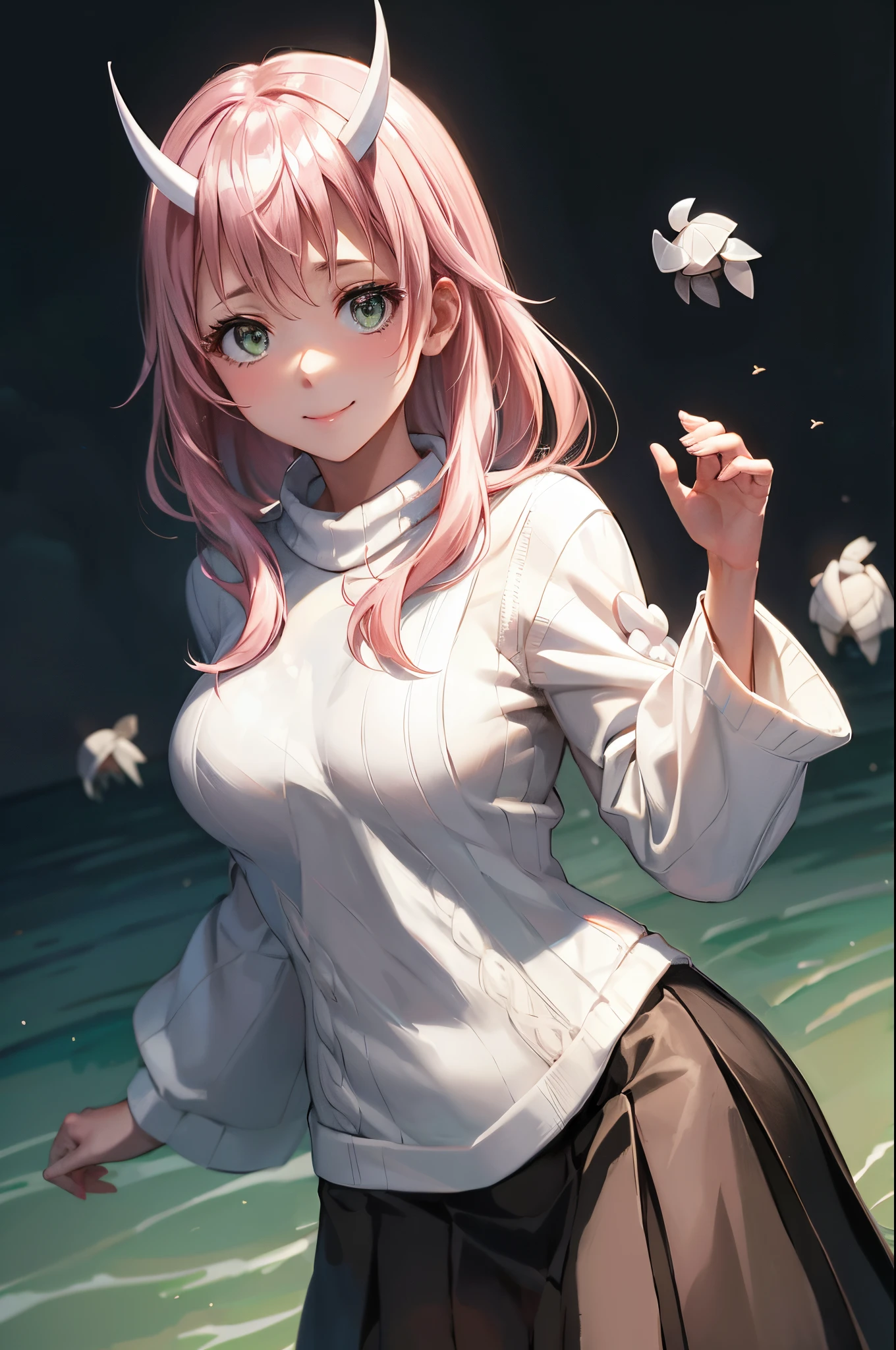 masuter piece, Best Quality, 超A high resolution, top-quality, Anime style, The best lighting, Beautiful face, tensura, Shuna, 2 white horns, (girly white turtle knit:1.4), (long black skirts:1.4), A pink-haired, length hair, kindly smile, Look into your audience, Extend your right hand, Face up, Hair tied at the back, cowboy shot