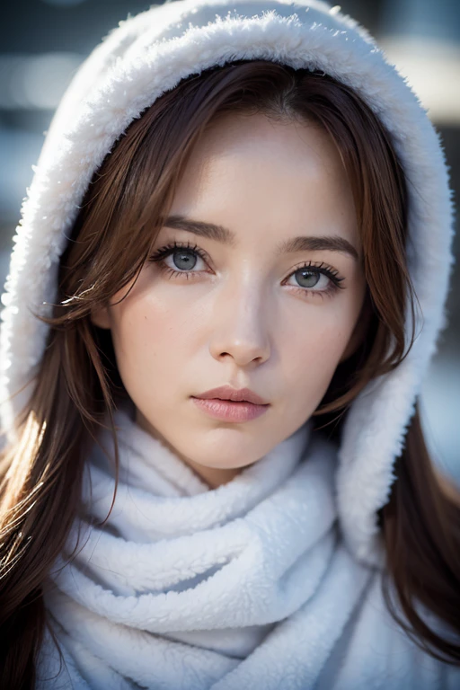belle femme rousse in winter, taches de rousseur, maquillage sombre, Hyper detailed photography, Soft Light, head and shoulders portrait