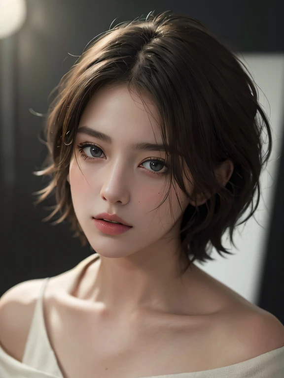 Best quality, masterpiece, ultra high res, (photorealistic:1.5), raw photo, 1girl, offshoulder, in the dark, deep shadow, low key, cold light, sexy look, short hair