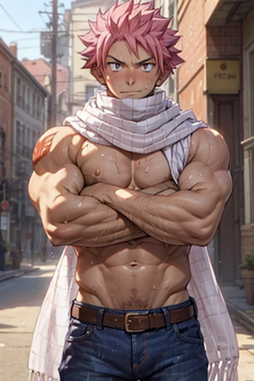 1boy, 20 year old, Natsu Dragneel sweating heavily wearing a jeans and open jacket wearing white scarf , reclining down looking at the viewer. Big muscular proportionate arms and strong chest and abs. Pink hair and detailed eyes. front view, wearing ((white scarf)). big pecs and strong washboard abs, (folded arms:1.1)
