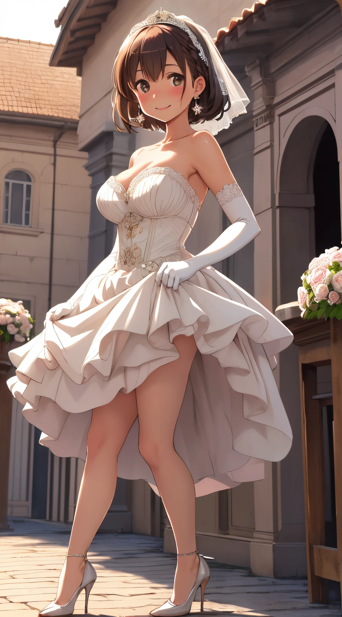 best quality, masterpiece, absurdres, highly detailed, illustration, 1girl, blush, glossy lips, light smile, natural lighting, aichan, short brown hair, braid large breasts, looking at viewer, strapless wedding dress, elbow gloves, high heels, outside, standing, (own skirt lift)