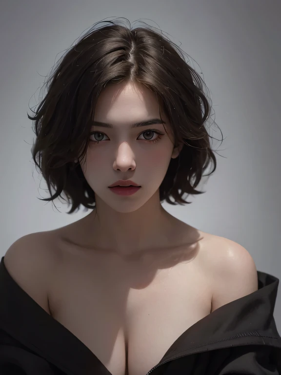 Best quality, masterpiece, ultra high res, (photorealistic:1.5), raw photo, 1girl, offshoulder, in the dark, deep shadow, low key, cold light, sexy look, short hair