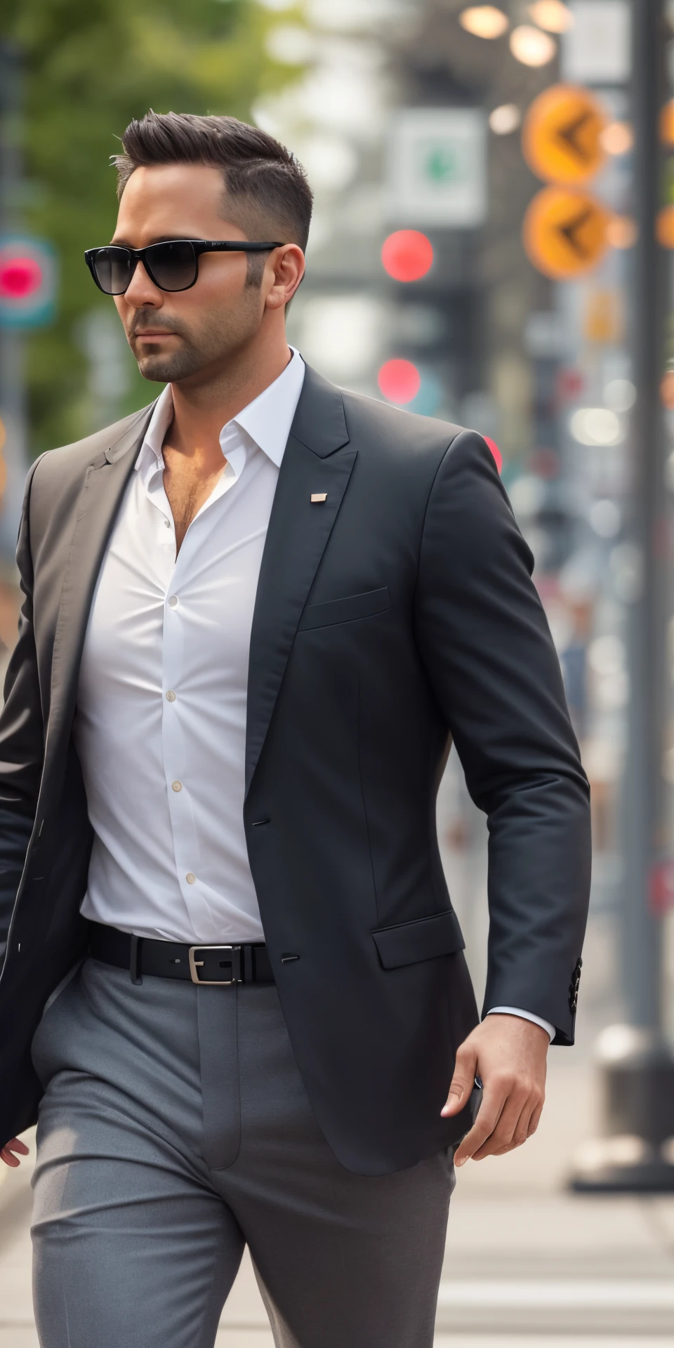 a tall tanned 37 year old man with a modern hair cut wearing black fancy outfit walking in Vancouver streets. Photorealism. —ar 9:16 --auto --s2