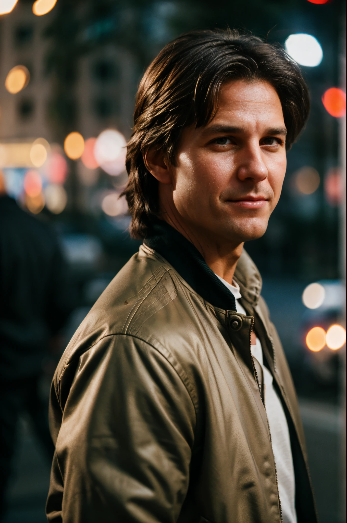 (dynamicposes:1.2),(Dynamic camera),Tom Cruise handsome close-up ,perfect  eyes , (Wearing a shabby mech jacket),(bokeh:1.2), iintricate, (Steel metal [rust]), Elegant, Focus sharp, gentlesoftlighting, vivd colour, ((the street)), 详细的脸, RAW photogr, Full sharp, Wallpaper 8K Ultra HD, Digital SLR, gentlesoftlighting, high qulity, filmgrain, 富士XT3