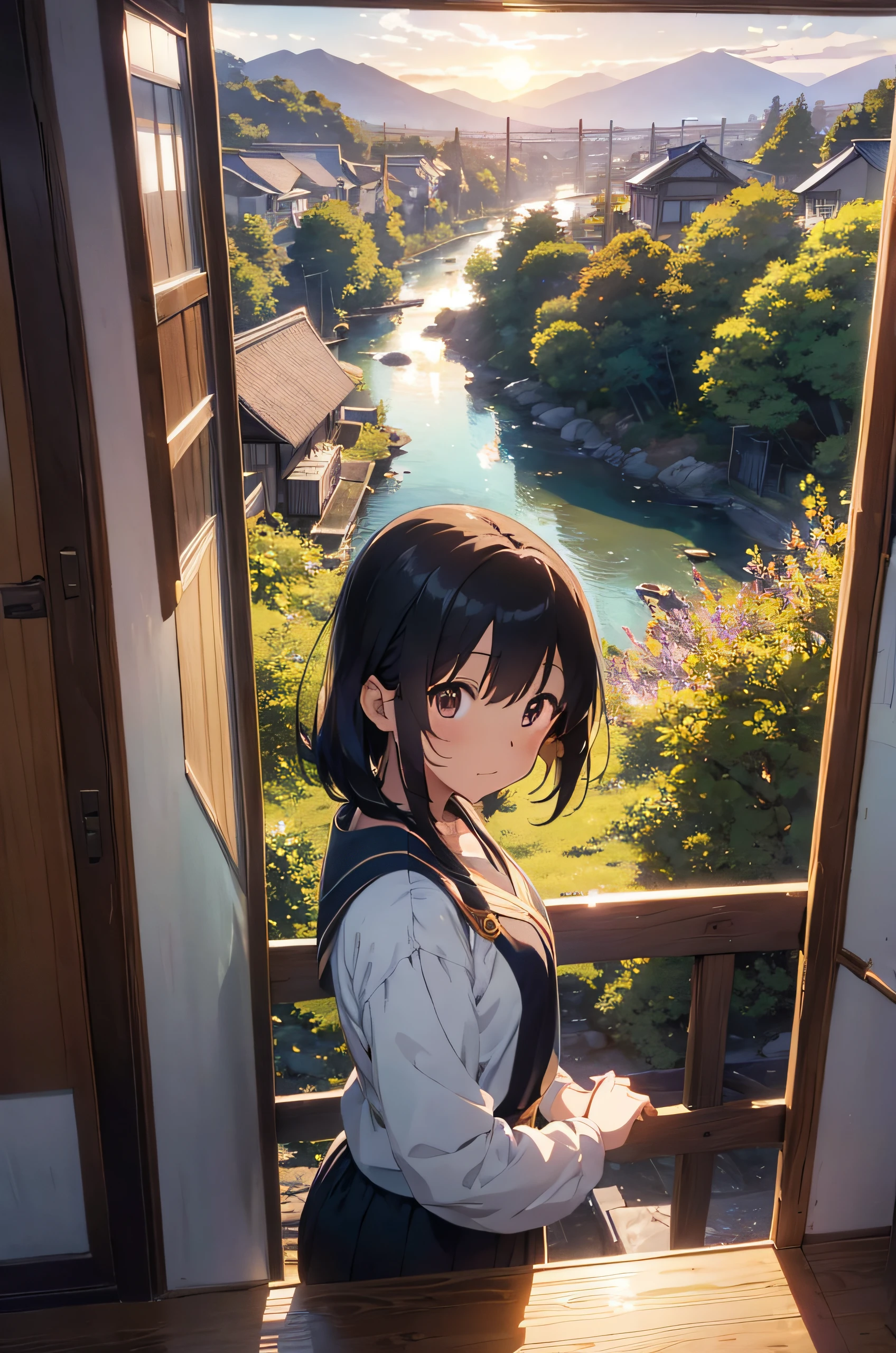 anime painting of a view out of the window of a river in the middle of a little rural japanese city, top view, mountains on the background, sunset time, golden hour light, makoto shinkai style, dream scenery art, some flowers near the girl, the main subject of the image must be the scenery