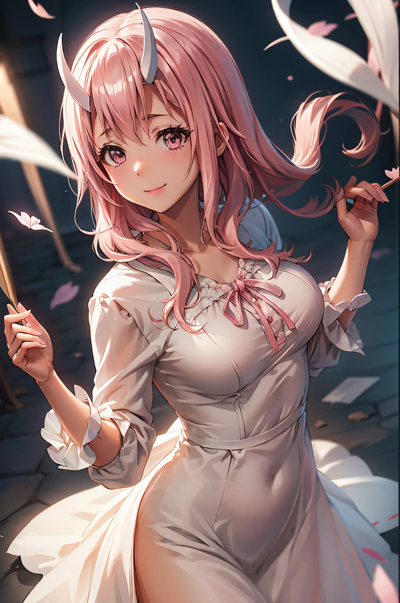 masuter piece, Best Quality, 超A high resolution, top-quality, Anime style, The best lighting, Beautiful face, tensura, Shuna, 2 white horns, (girly pink dress:1.3), white frills, A pink-haired, length hair, kindly smile, Look into your audience, Extend your right hand, Face up, Hair tied at the back, cowboy  shot