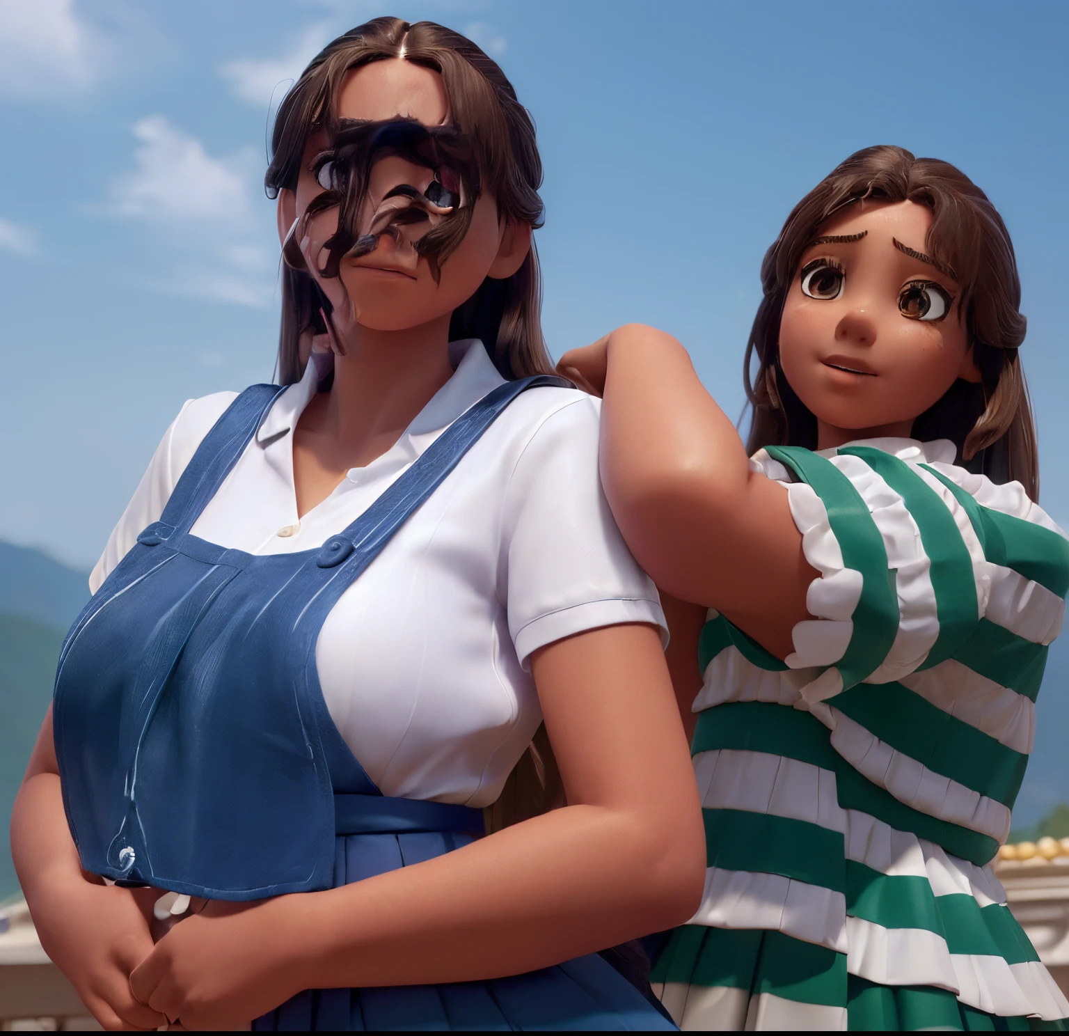(extremely detailed CG:1.2), (masterpiece:1.2), (best quality:1.2),,((absurdres)),looking at viewer,full body, ,(1girl),solo,(long hair),(mathayom uniform),(white shirt short sleeves),(navy_blue pleated skirt),(long skirt),dynamic angle,standing,dynamic pose,((Delicate facial features)),,