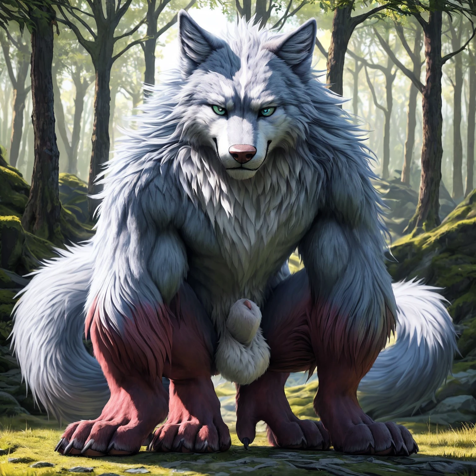 uploaded on e621, anthro, nsfw, explicit, explict,fenrir, high res, sheath, balls, (detailed realistic image:1.3), (detailed eyes, beautiful expressive eyes:1), impasto impressionism, insane details, soft, (hyper realistic fur:1.2), (detailed fur:1.3), pupils, (fur covered body:1.2), (male:1), (expressive face, detailed face:1), (realistic:1), (photorealistic, photo-realistic:1),black nipples, vibrant colors, full color, (3d:1), (highly detailed:1.2), masterpiece, 8k uhd, (seductive, seductive smirk:1), (forest background), (crouching:1), (first person view), forest, (4 toes in each paw:1.2), irritated face, legendary fenrir (pin up:1), (one hand grabing sheath:1.2)