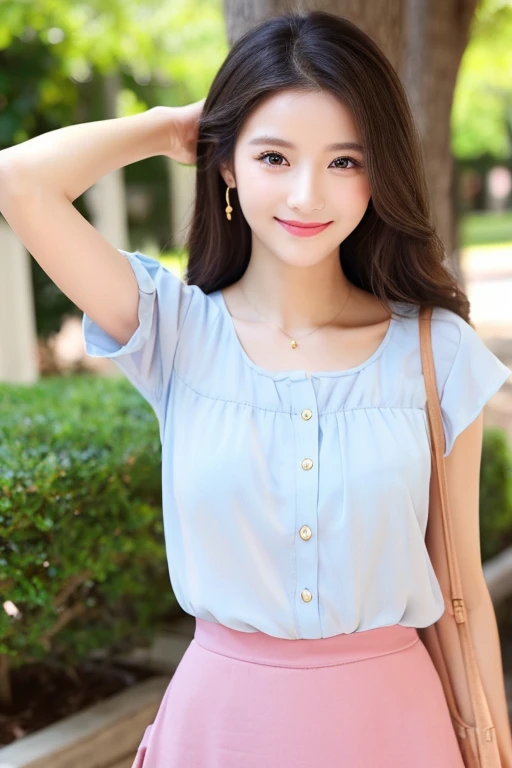 Beautiful woman with good eyes and nose、Beautiful as a model、Cute like a model、Eyes are double、How to use regular mascara、Eye color blue、Hair color pink、Her face is delicate and elegant.、imagem 4k、Beautiful style like a model、Ordinary large、A refreshing and lovely smile、Yellow blouse、plain orange mini skirt、University campus on a sunny day、Pose like a model、Overall portrait、Snapshots、Glamorous、Bright smile、Beautiful and delicate face like a model、Best Quality、masuter piece、