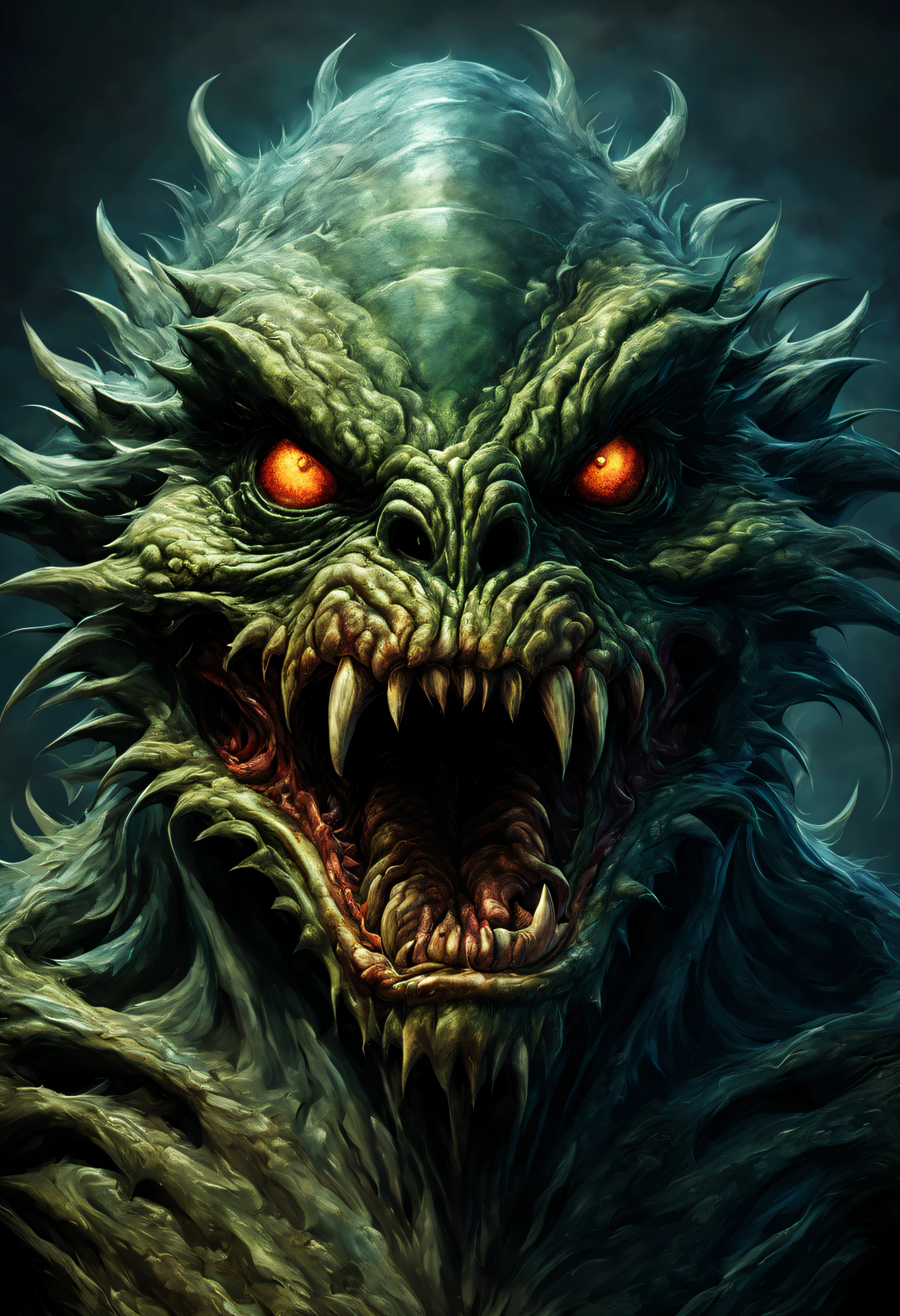 A realistic portrait of a very angry alien monster, it's very detailed and textured. The colors and shades are magnificent