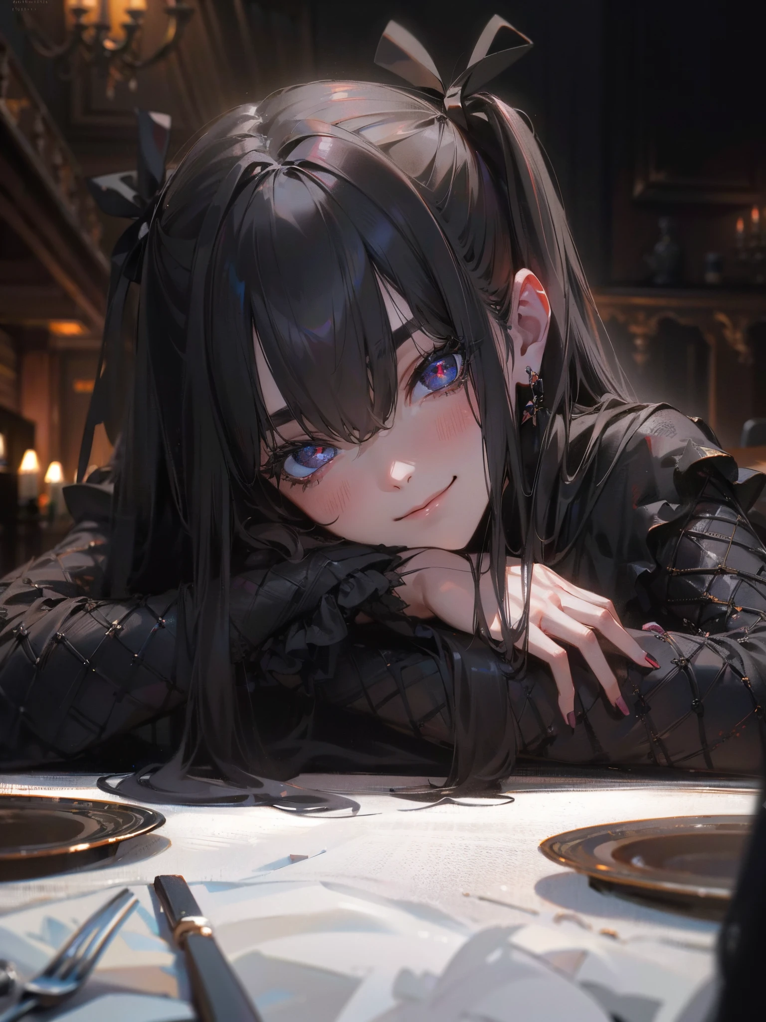 (Human body dummy lying on dining table:1.2), 1 girl, bangs above eyebrows, long hair, dark hair, looking at viewer, deep smile, thrilling look, nails painted with black manicure, lace blouse, black ribbon, dissecting table, inorganic and empty background, photorealistic anime character, creepy images, depth of fields, incredibly absurdres, super detailed illustration, extra detailed face, raw photography, DeviantArt trends.