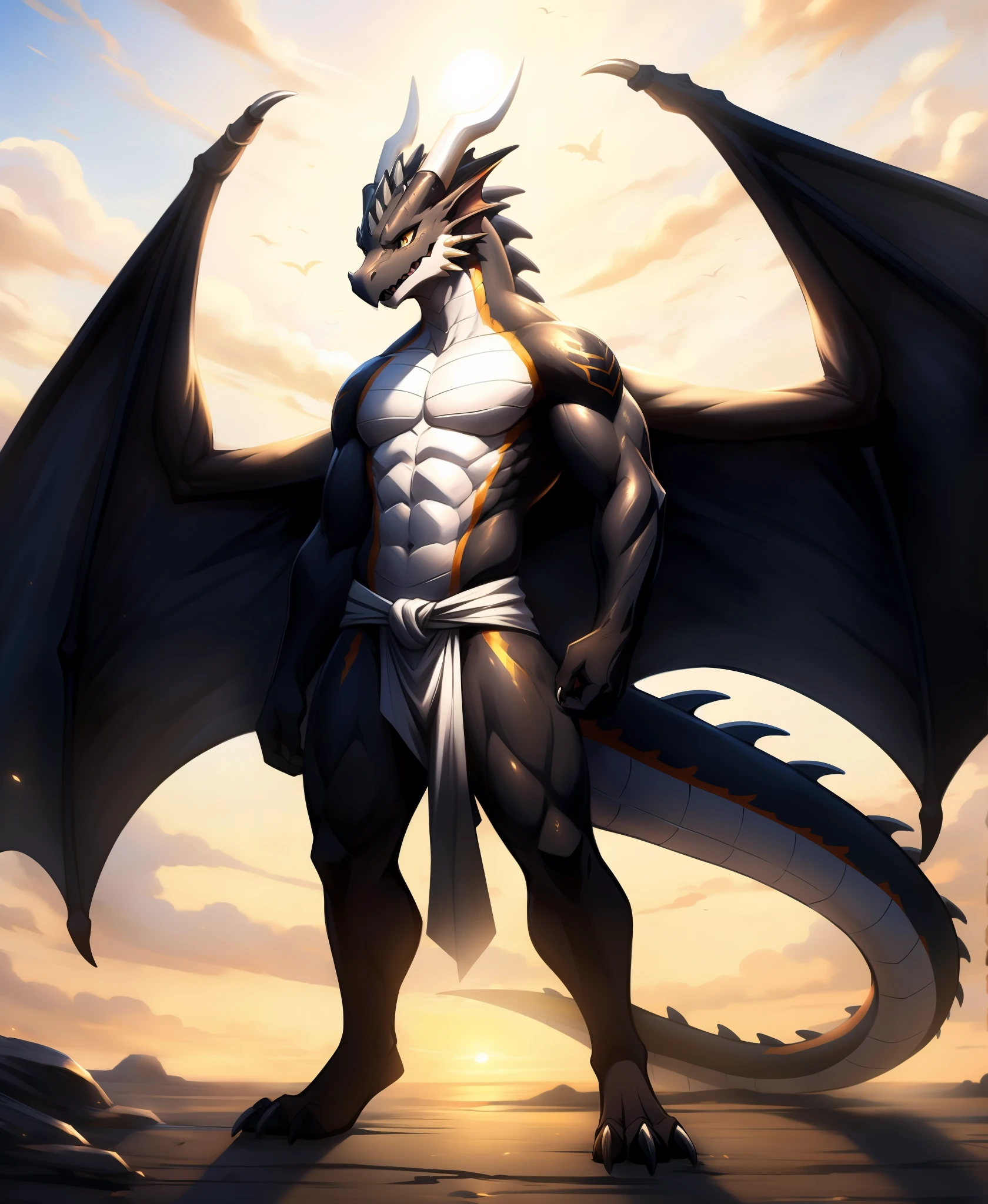 a black and white bird with large wings and a white body, as an anthropomorphic dragon, but as an anthropomorphic dragon, inspirado em Sugimura Jihei, Ancalagon o Preto, anthro dragon art, young male anthro dragon, com asas grandes, avian!!! Fursona