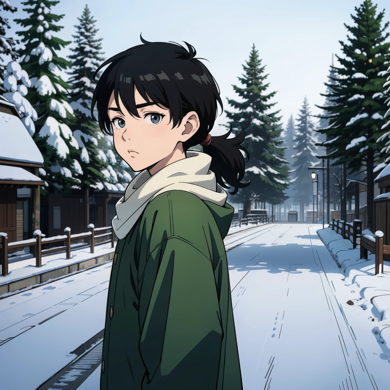 (Sketch) (Manga style) Christmas, a young boy with a long mullet haircut, big lips, and slanted eyes, wearing a hat. Winter season, snow and pine trees on the streets