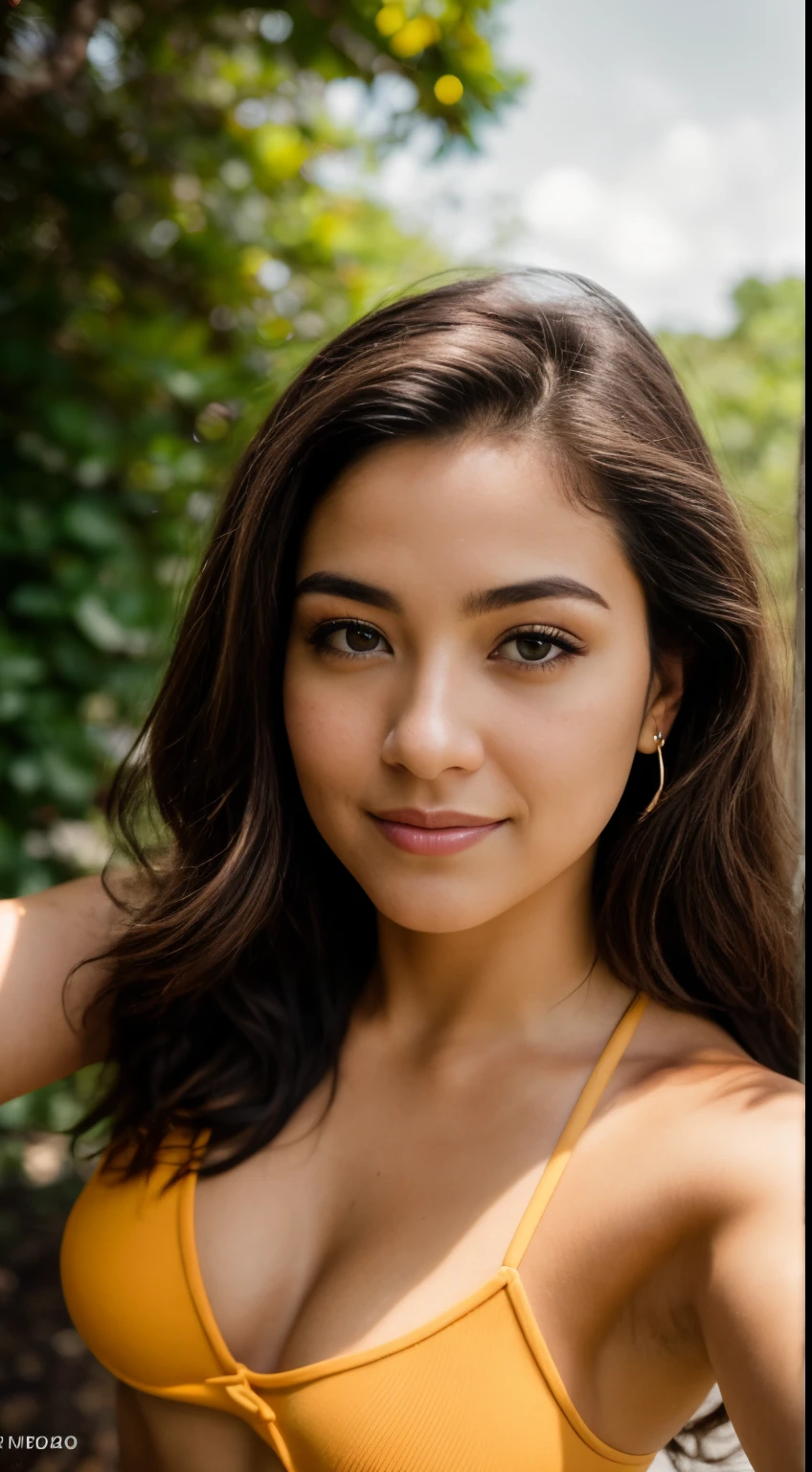 Foto RAW em sequencia, uma foto de uma adolescente 20anos, ((selfie da parte superior do corpo)), rosto detalhado, planos de fundo detalhados pouco desfocados, luzes naturais, HDR, foto realista, foto profissional, flerte com o espectador, visual sexy, fotorrealista, Linda, pele natural, 8k UHD, alta qualidade, filmic grain, Fujifilm XT3