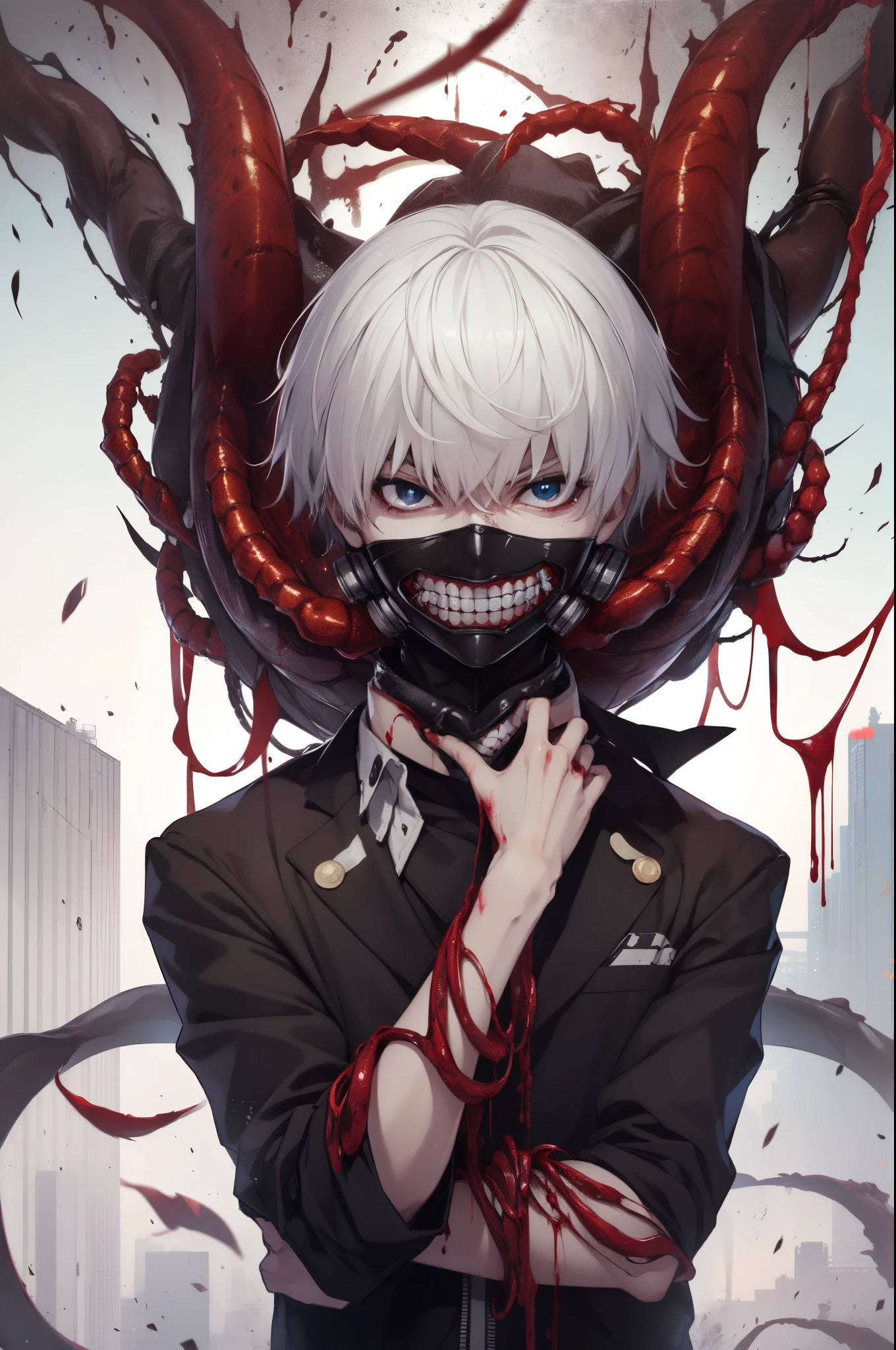 8k, anime, portrait, best quality, ultra high res, ultra detailed, high contrast color tone, extremely detailed lighting, soft lights, (masterpiece, high quality:1.4), (kaneki ken, white hair, red and black eye, mask | teeth, blood eyes, black jacket, scorpio tentacles), blood, ((full body)), (dynamic pose), ruined city background, thrilling, (fierce face)