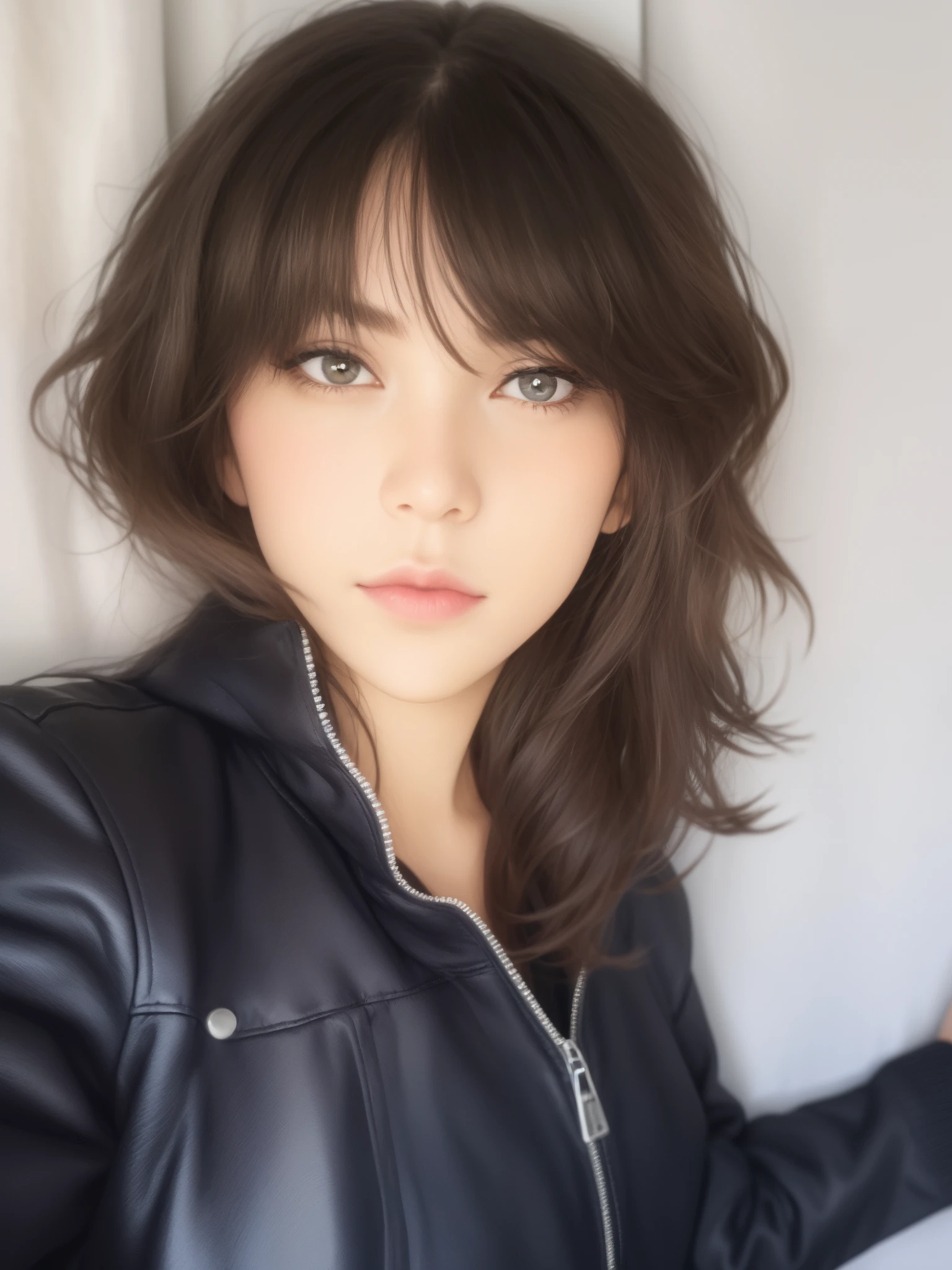 arafed woman in a leather jacket posing for a picture, black wavy hair with bangs, bangs and wavy hair, with bangs, her hair is natural disheveled, profile shot, hair whitebangs hair, hair blackbangs hair, curly bangs, black hair and white bangs, she has black hair with bangs, profile image, curtain bangs, black bangs