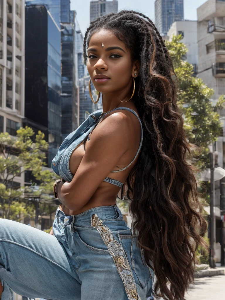 (8k, highest quality, ultra detailed:1.37), (Nyla), 18yo, (a stylish African-Brazilian), showcases her unique fashion sense in a trendy urban setting. She wears a chic ensemble, combining modern pieces with cultural influences. The high-resolution image captures ultra-detailed realism, highlighting Nyla's confident pose, captivating eyes, and flawless complexion. The dynamic backdrop of the cityscape adds an urban touch, creating a visually stunning representation of Nyla's style and individual expression.