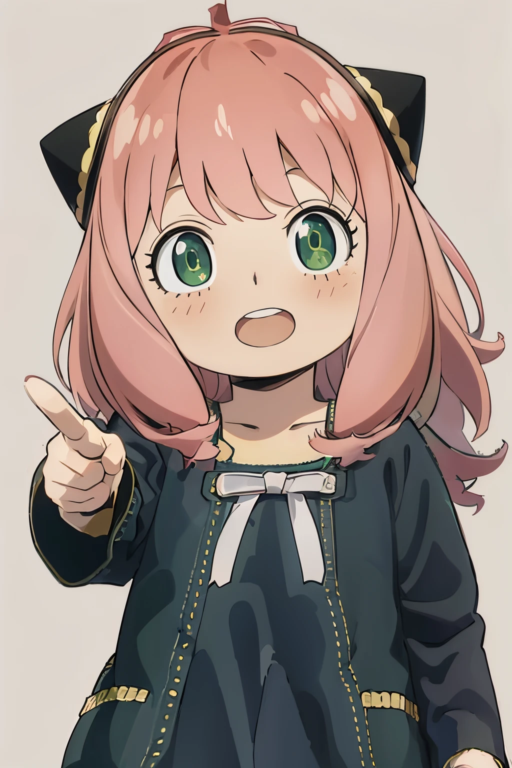 masuter piece, Best Quality, 超A high resolution, top-quality, Anime style, Best Lighting, Beautiful face, An anime girl with pink hair and green eyes、Pointing something with a surprised look and a black cat hat、(1girl in:0.992)、(:d:0.583)、(bangss:0.701)、(red blush:0.584)、(verd s eyes:0.992)、(Look at viewers:0.711)、(Opening Mouth:0.760)、(A pink-haired:0.917)、(bow ribbon:0.826)、(shorth hair:0.571)、(a smile:0.855)、(独奏:0.949)、(tusk:0.770)、 (The upper part of the body:0.760)