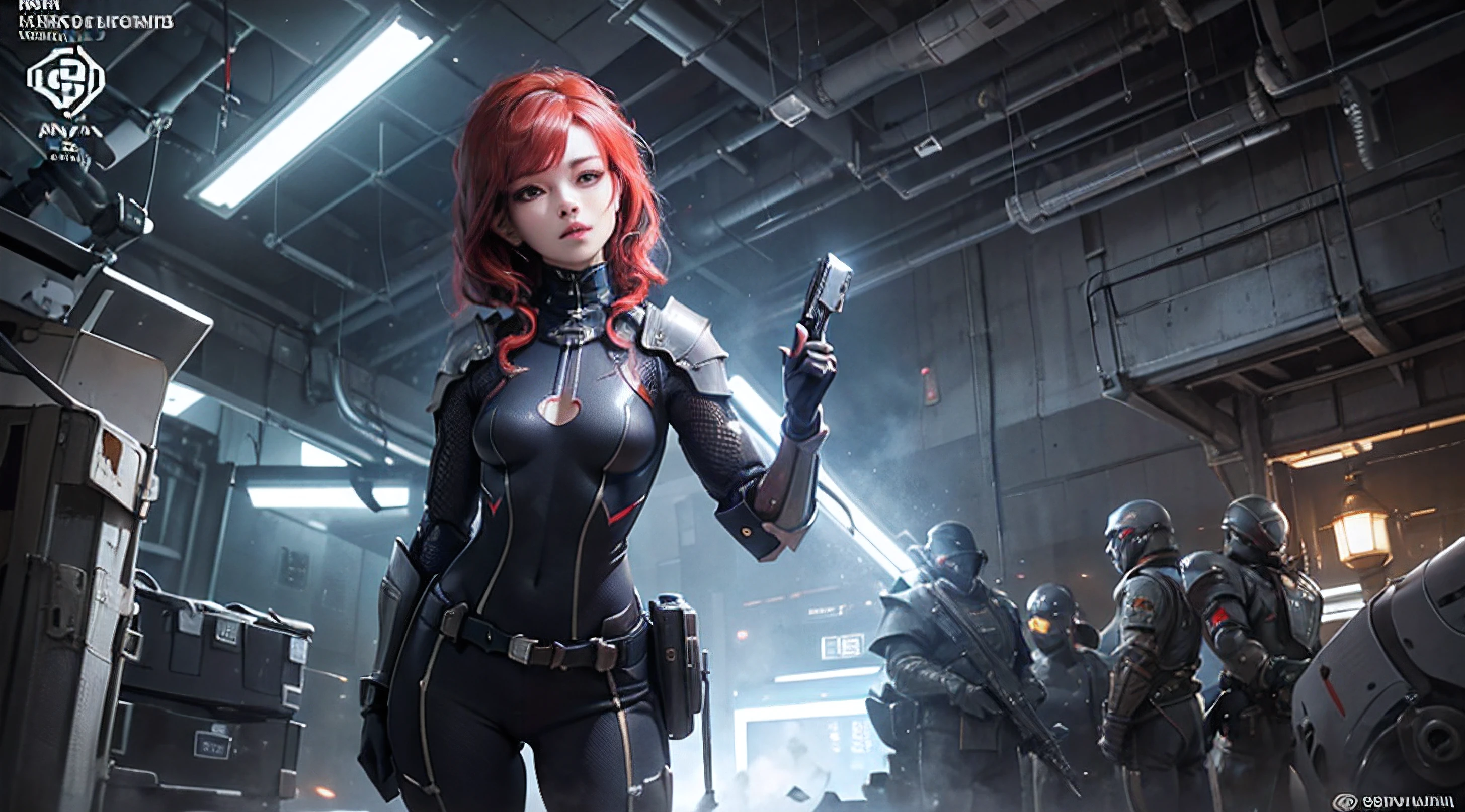 (an asian woman body, caderas anchas:1.3), Pistola de sostenimiento,((Dedos precisos, dedos correctos, Hermosos dedos)),futuristic armor in small chests, 40 year old Asian woman, dynamic poses,Pelo rojo, Asian eyes, correa del equipo en la cintura, arma en la cadera, (bodysuit :1.2), (Machanic armor gloves:1.3),cibertrajes femeninos,(Leggins mechanical armor:1.2), mechanic, electricidad, Detalles elaborados,armadura en estilo cyberpunk, cyborg hembra.campo de batalla de diversos cibertrajes, Plano completo, plano integral fotografia, Low-angle camera,Detalles elaborados,armadura en estilo cyberpunk, Low-angle camera,(Plano completo,.1.5),  (persona en el cuadrante derecho de la imagen mirando hacia la izquierda:1.5)