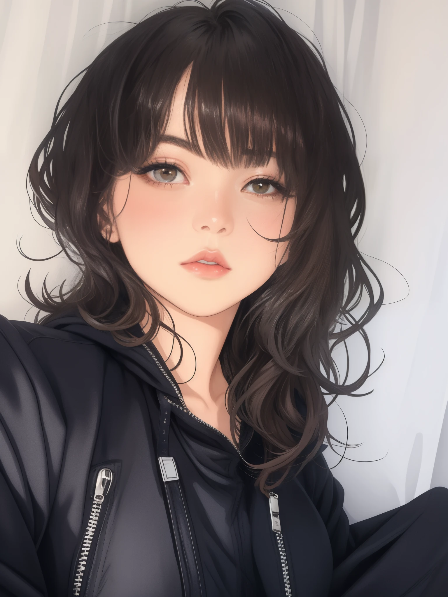 arafed beautiful woman in a leather jacket posing for a picture, black wavy hair with bangs, bangs and wavy hair, with bangs, her hair is natural disheveled, profile shot, hair whitebangs hair, hair blackbangs hair, curly bangs, black hair and white bangs, she has black hair with bangs, profile image, curtain bangs, black bangs
