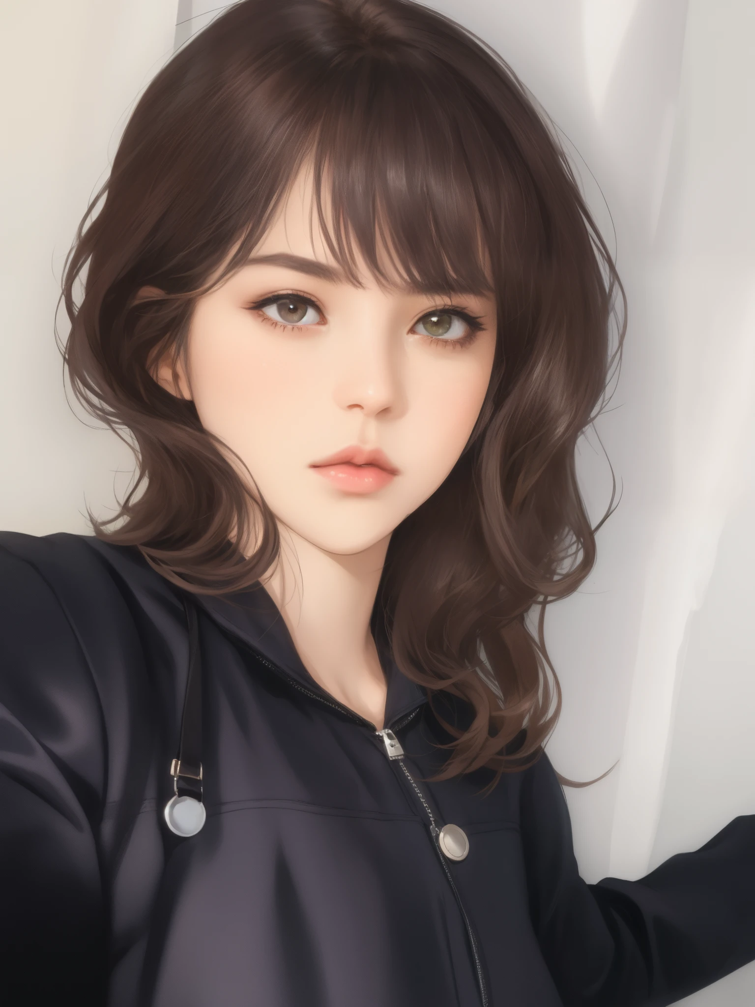 arafed beautiful woman in a leather jacket posing for a picture, black wavy hair with bangs, bangs and wavy hair, with bangs, her hair is natural disheveled, profile shot, hair whitebangs hair, hair blackbangs hair, curly bangs, black hair and white bangs, she has black hair with bangs, profile image, curtain bangs, black bangs