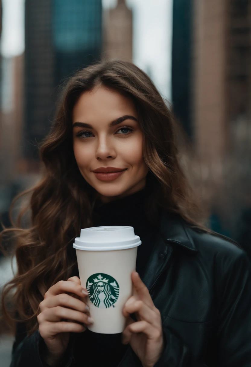 outside in nyc, skyscrapers in the background, girl looking in to the camera, smiling, eyes closed, beautiful ass, wearing black pants, beautiful jacket, beautiful brown wavy hair, body turned sideways, holding a starbucks cup in her hand