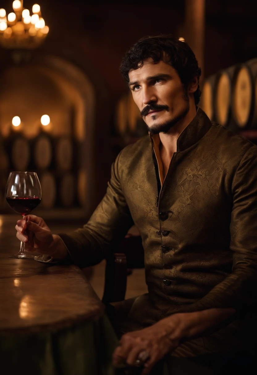 A photo of Oberyn at a private underground wine tasting, surrounded by exquisite Dornish vintages,Game of Thrones TV series,Oberyn is a tall man with black hair and a beard, famously portrayed by Pedro Pascal, male