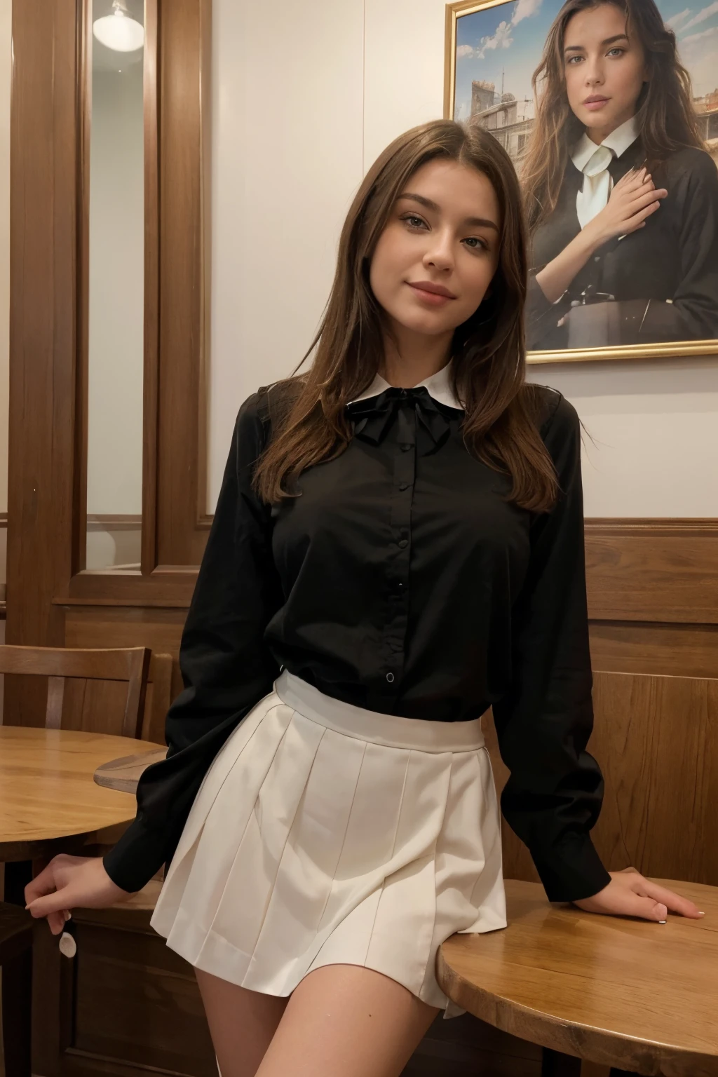 (8k, Photo brute, Best quality, Masterpiece: 1.2), (Realstic, photo-realistic: 1.37), Ultra-detailed, 1 fille, mignon, seulement, beautiful detailed sky, detailed cafe, Nuit, assis, (nez rougi), (sourire: 1.1), (mouth closed), seins moyens, beautiful detailed eyes, (collared shirt: 1.1), bowtie, pleated skirt, (Cheveux courts: 1.2), cheveux longs, Prendre de grosses glaces,