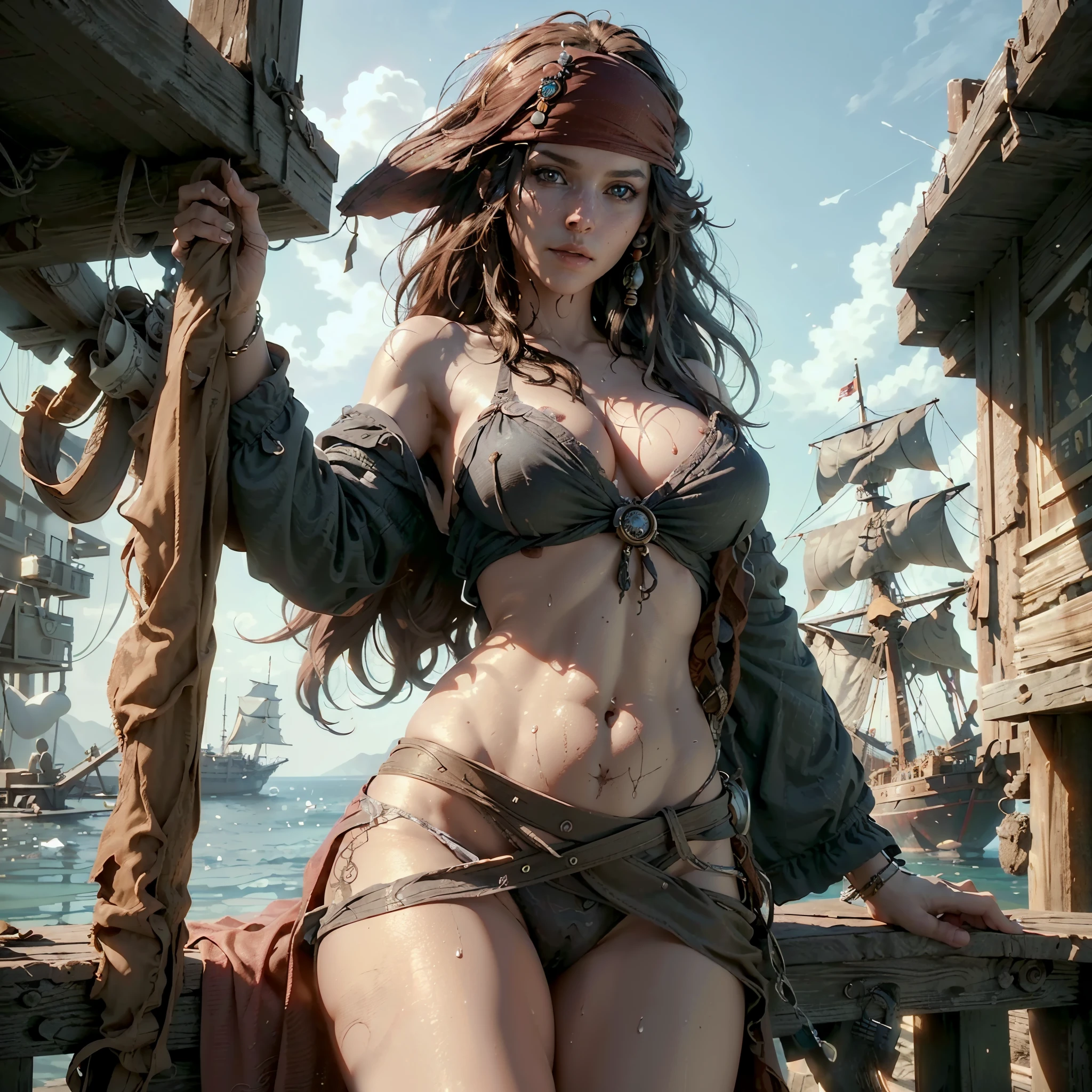 Generate a detailed and creative description of a female version of Jack Sparrow with large breast. Envision her appearance, clothing, and accessories with a unique and captivating twist while maintaining the essence of Jack Sparrow from 'Pirates of the Caribbean.' Emphasize her personality traits and any distinctive features that set her apart, beautifull face, pretty face, masterpiece, best quality:1.2),(8k,highres,RAW photo,realistic,photo-realistic:1.3),(detailed skin texture,detailed cloth texture,beautiful detailed face:1.25),professional lighting,photon mapping,beautiful soft light,radiosity,physically-based rendering,model shoot style, model shoot style, (extremely detailed CG unity 8k wallpaper), full shot body photo of the most beautiful artwork in the world, complex 3d render ultra detailed, looking at viewer, 18 yo, wet hair, real human skin, vibrant details, hyperrealistic, beautiful, octane render, 8k, best quality, masterpiece, an extremely delicate and beautiful, extremely detailed ,CG ,unity ,wallpaper, (realistic, photo-realistic:1.37),Amazing, finely detail, masterpiece,best quality,official art, extremely detailed CG unity 8k wallpaper ,extreme detailed eyes, (perfect face), shiny skin, colorful, highest detailed, vibrant colors, ultra high res, (high contrast), intricate, lens flare,