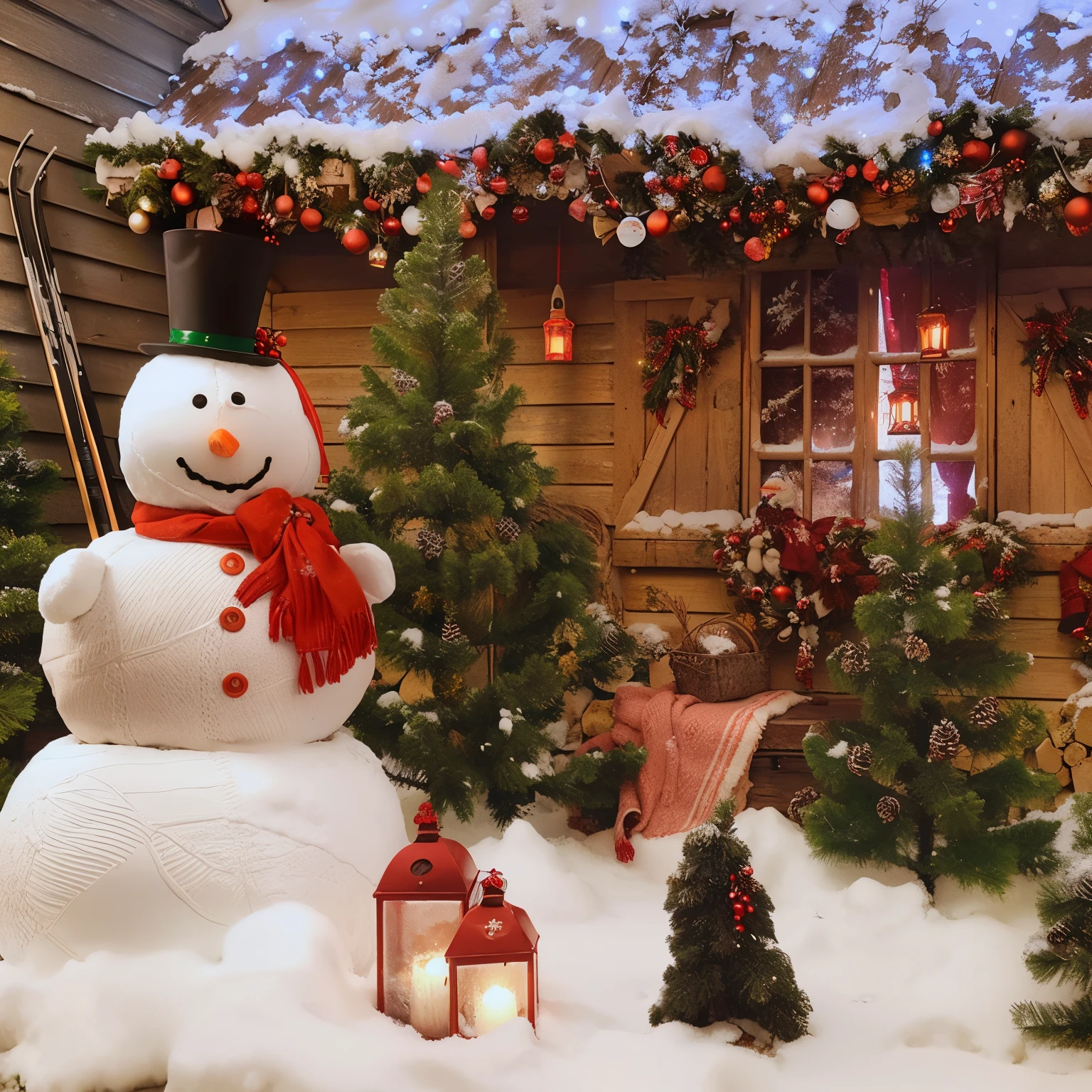 There is a snowman who is standing in the snow, Noite de Natal de inverno nevada, cena de inverno nevado, 🕹️ 😎 🔫 🤖 🚬, cena encantada aconchegante, fora na neve nevando, magical scene, Noite de Natal, Oficina do Papai Noel, santa inside a rustic barn, holiday season, shot with sony alpha 1 camera, coberto de neve, Winter scenario