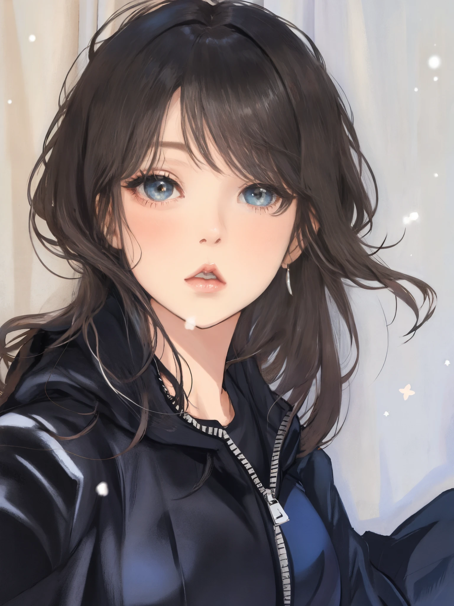 gigantic breast, big cleavage,arafed beautiful woman in a leather jacket posing for a picture, black wavy hair with bangs, bangs and wavy hair, with bangs, her hair is natural disheveled, profile shot, hair whitebangs hair, hair blackbangs hair, curly bangs, black hair and white bangs, she has black hair with bangs, profile image, curtain bangs, black bangs