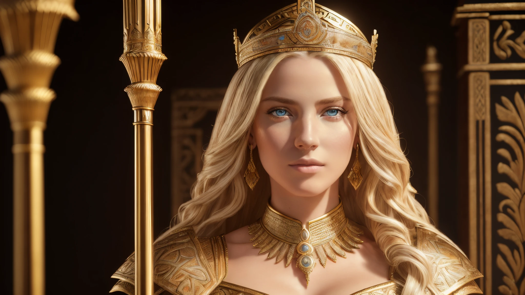 (best quality,4k,8k,highres,masterpiece:1.2),ultra-detailed,(realistic,photorealistic,photo-realistic:1.37), portraits, HDR, vivid colors, studio lighting, sharp focus, blonde white woman as queen, ancient clothing, muscular African men, metal spear, throne