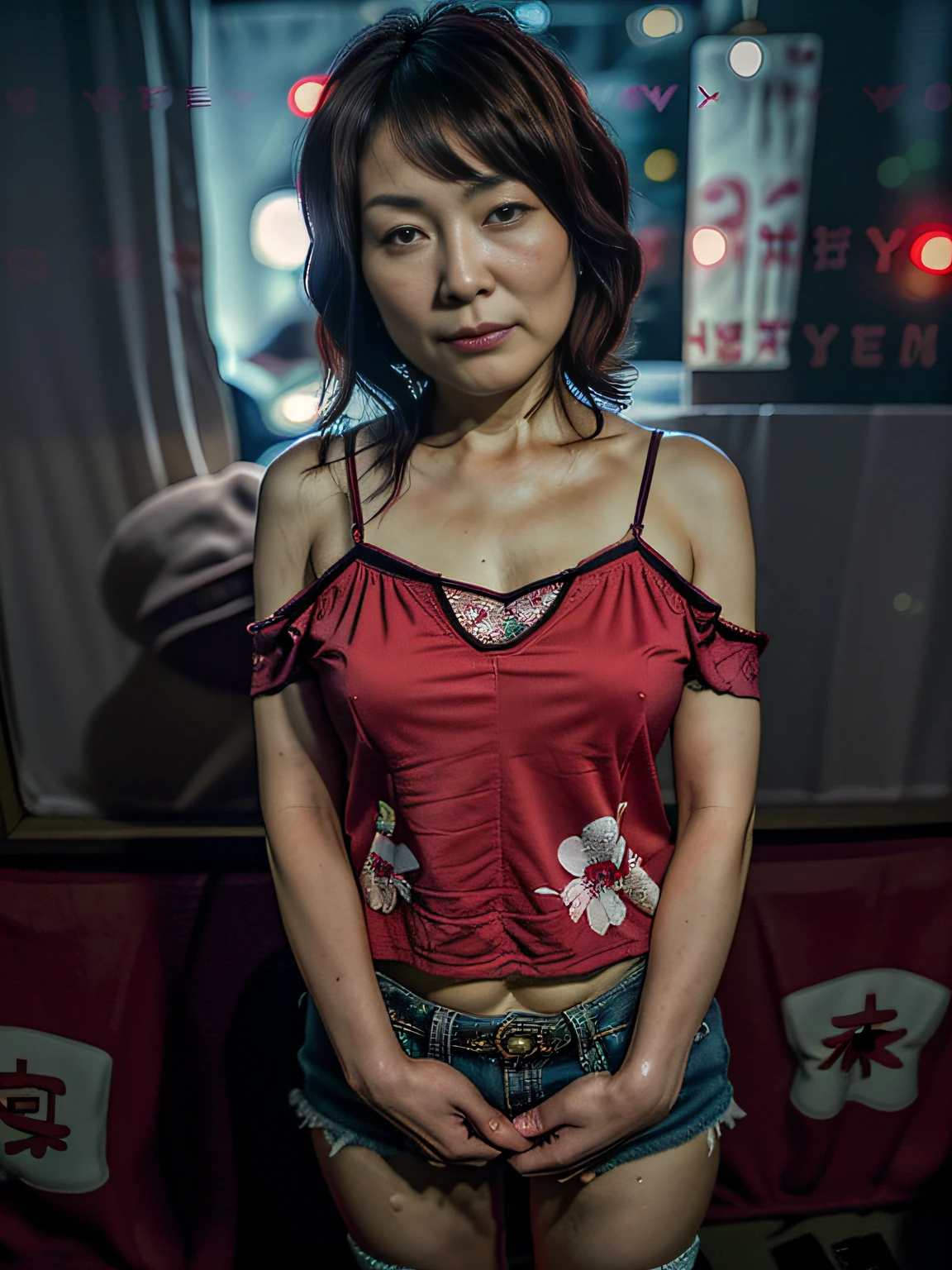 48 years old Japan、beautiful mature lady、Touching the crotch、(stare at the viewer without expression)、Prostitutes、looking at the viewers、、realisitic、cowboy shot、Narrow and cramped room、Camisole、、Japan's Red Light District、((((Prostitutes))))、(deep in the night)、(Night view from the window)