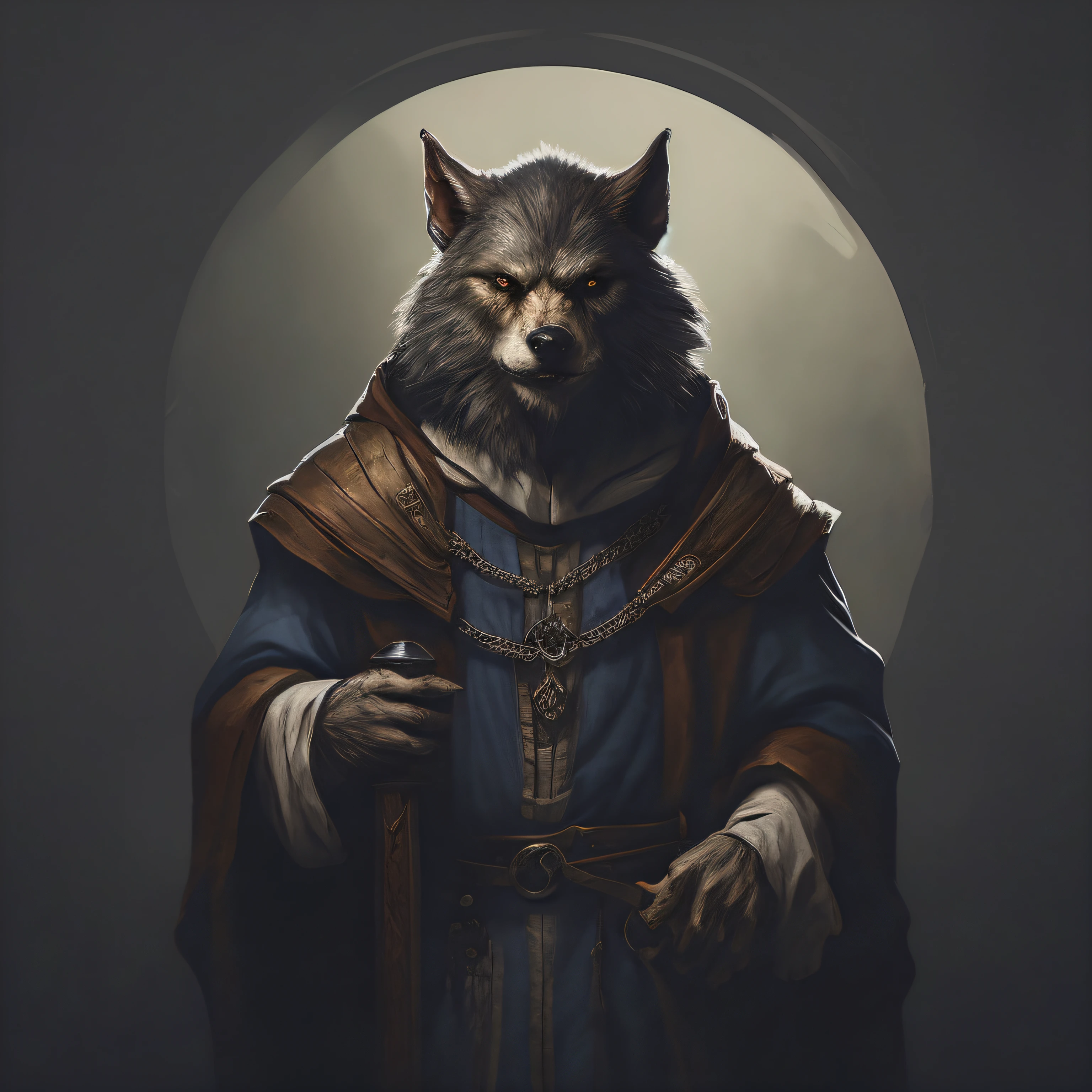 there is a wolf dressed in a medieval costume holding a cell phone, retrato do personagem da fantasia, Retrato de um Gnoll, Retrato de um personagem DND, Retrato de um lobisomem, dnd retrato da arte do caractere, retrato do conceito do caractere dnd, Retrato de personagem peludo, Retrato da barbatana wildcloak, arte do personagem de fantasia dnd, Retrato de Caractere DND, fantasy rpg symmetrical portrait, d & d retrato do caractere