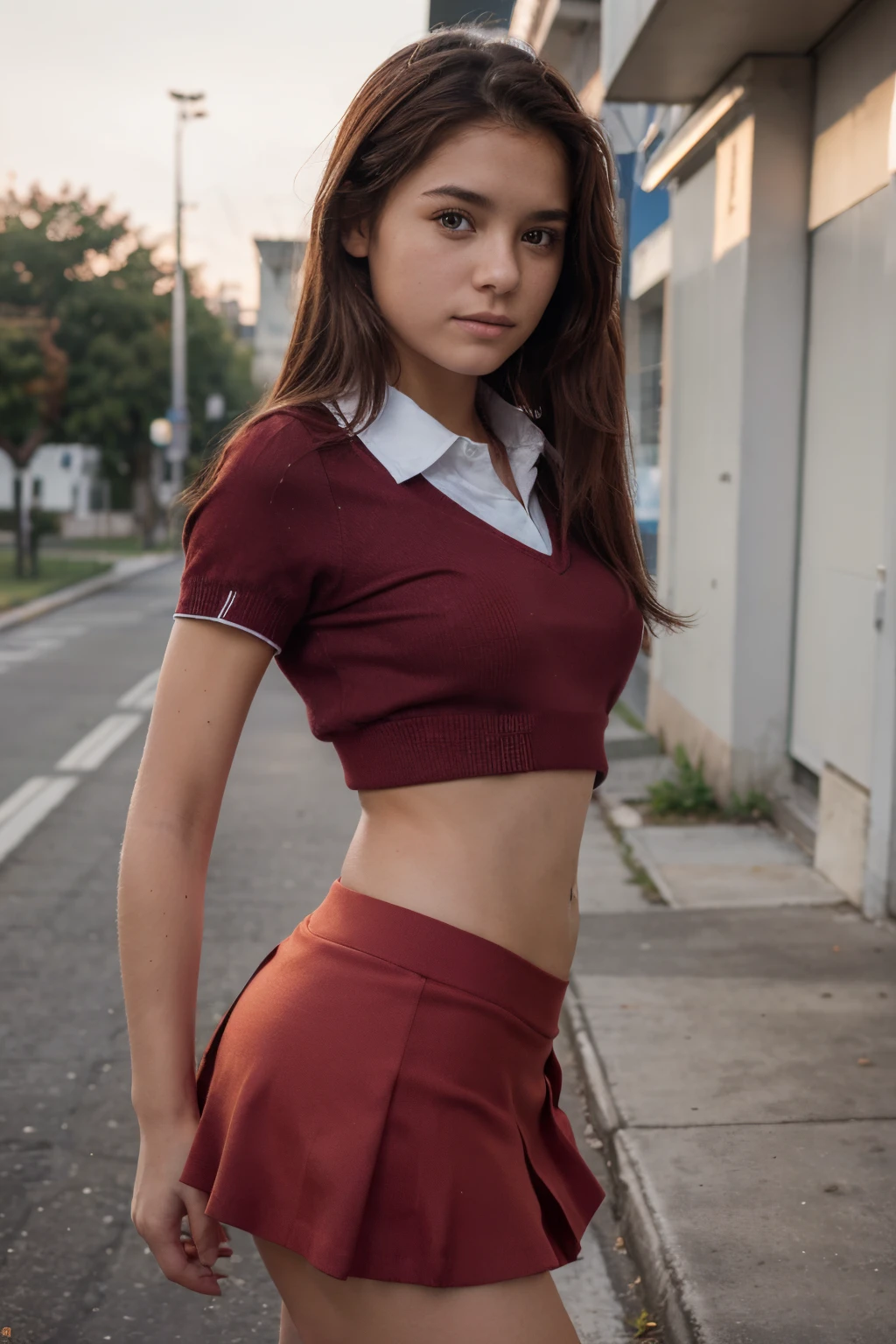 (8K), (Mejor calidad: 1.2), (realista), (fotorrealista: 1.37), ultra-high def, Foto polaroide, a 16 year old girl dressed in school clothes with a school miniskirt, The skirt shows a little of her red panties because the skirt blew away in the wind.