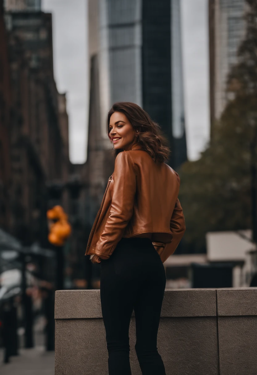 outside in nyc, skyscrapers in the background, girl looking in to the camera, smiling, eyes closed, beautiful ass, wearing black pants, beautiful jacket, beautiful brown wavy hair, body turned sideways, full body shot, beautiful girl, beautiful brown eyes, beautiful face, ultrarealistic, holding her face