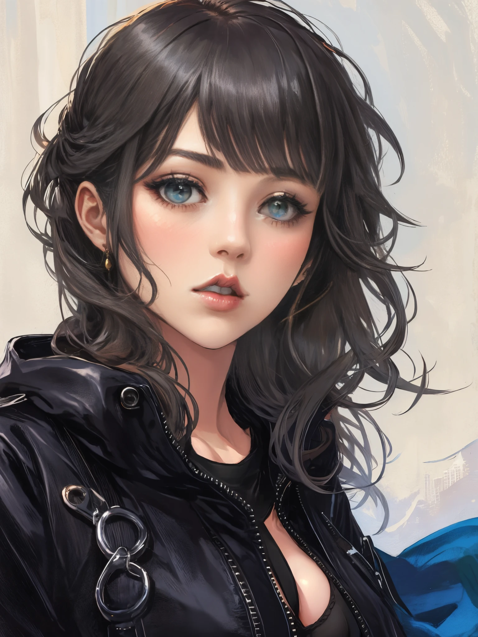 gigantic breast, big cleavage,arafed beautiful woman in a leather jacket posing for a picture, black wavy hair with bangs, bangs and wavy hair, with bangs, her hair is natural disheveled, profile shot, hair whitebangs hair, hair blackbangs hair, curly bangs, black hair and white bangs, she has black hair with bangs, profile image, curtain bangs, black bangs