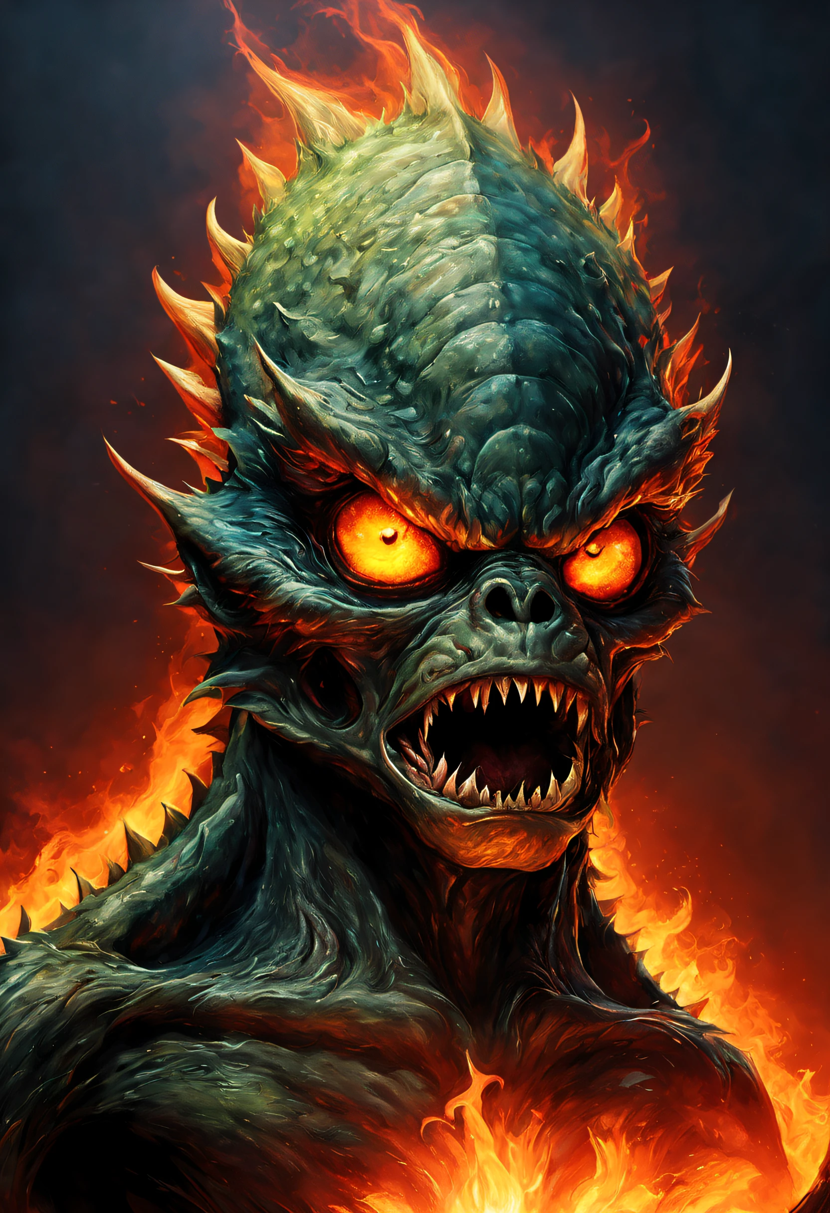 A realistic portrait of a very angry alien monster, it's very detailed and textured. The colors and shades are magnificent, eyes in fire