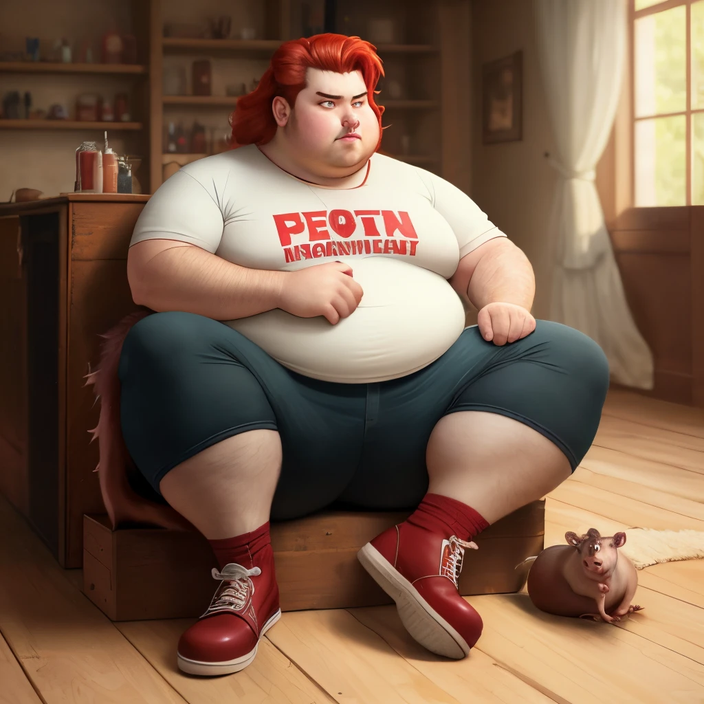 A fat male human rat hybrid with red hair with big feet